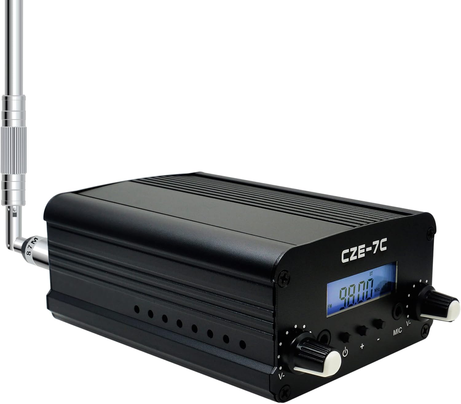 7W 1W Long Range FM Transmitter with LCD & 3.5mm Audio Cable - Ideal for Drive-in Church, School & Supermarket Events, Light Shows & Fireworks Display - Black