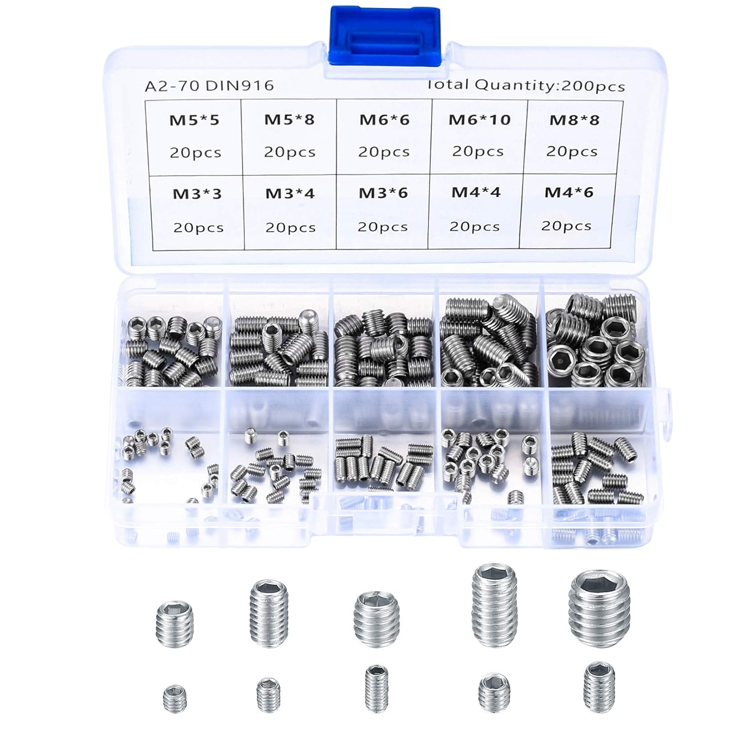 200 Pcs Grub Screws Mixed, Stainless Steel Cone Point Screws, M3 M4 M5 M6 M8 Hex Head Thread Socket Screw Assortment Kits with a Storage Box