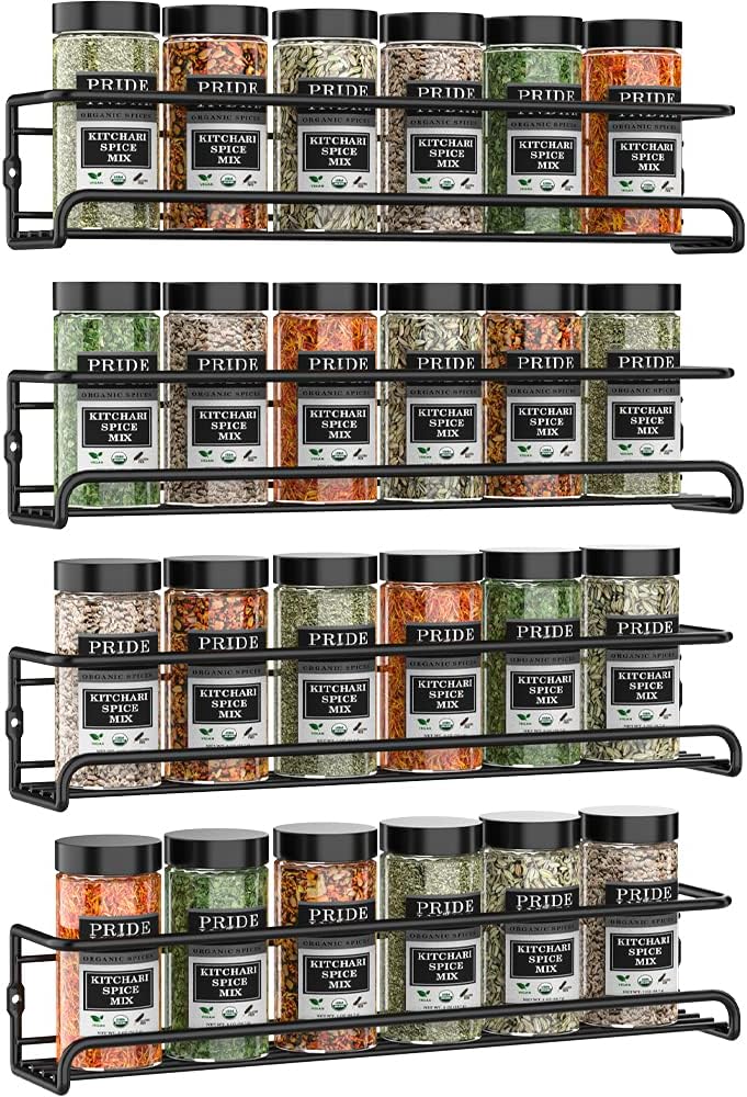 Spice Racks Organiser - 4 Tier Hanging Stainless Steel Wall Mounted with Adhesive Stickers & Screws Kitchen Pantry Shelf for Spices and Condiments, Jars (Black)