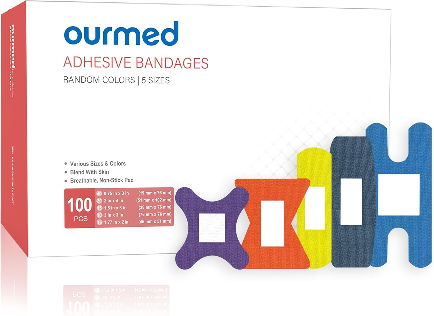 Ourmed Fabric Plasters with Non-Stick Pad, Latex Free, Rainbow Colors Flexible Adhesive Plasters, First Aid Wound Care for Cuts, Scrapes, Blisters, Assorted Sizes, 100 Count