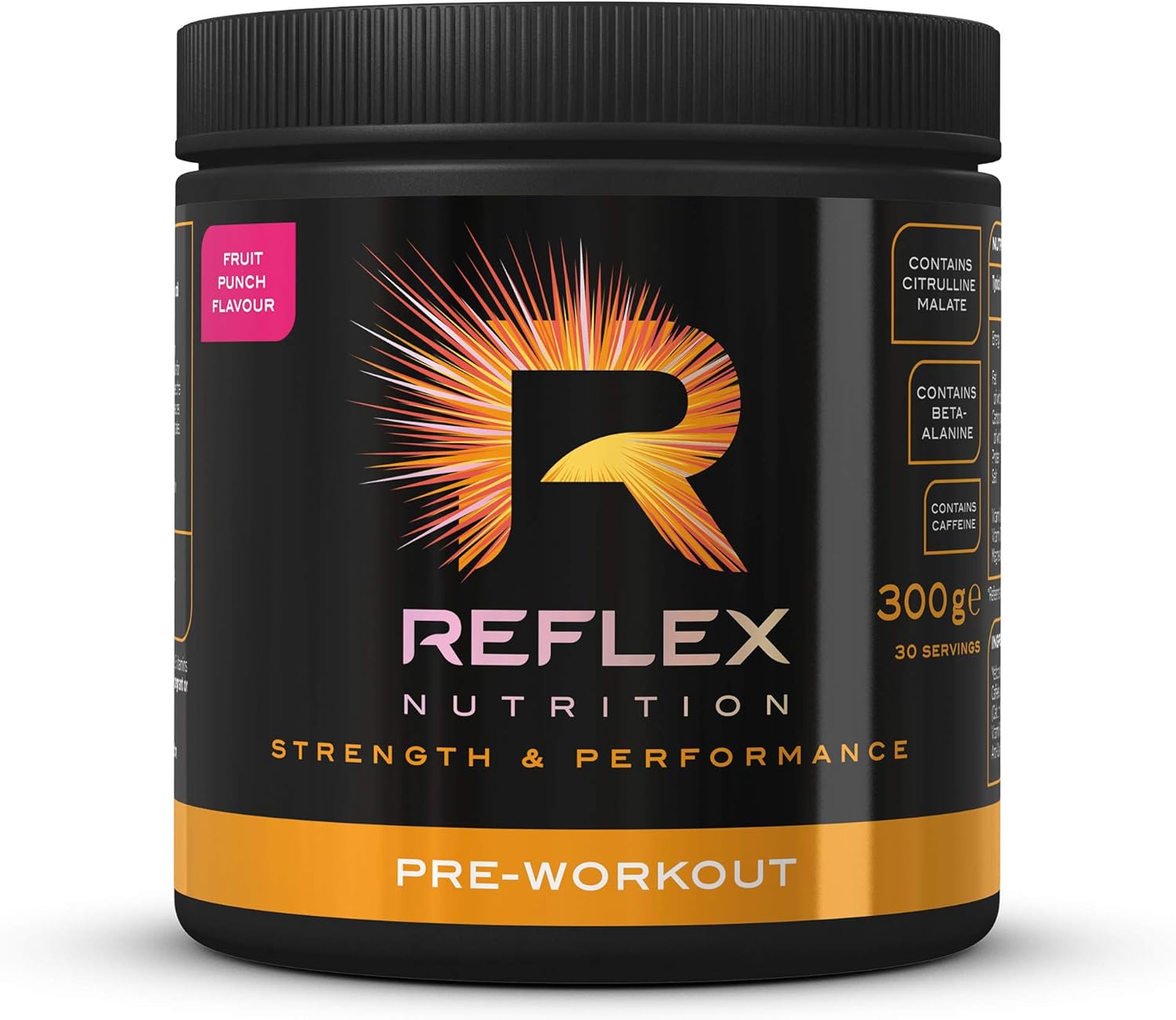 Reflex Nutrition Reflex Pre Workout Powder 3000 mg Citrulline Malate 1600 mg Beta-Alanine 125 mg Caffeine Plus B Vitamins and Electrolytes (Fruit Punch) (300 g)