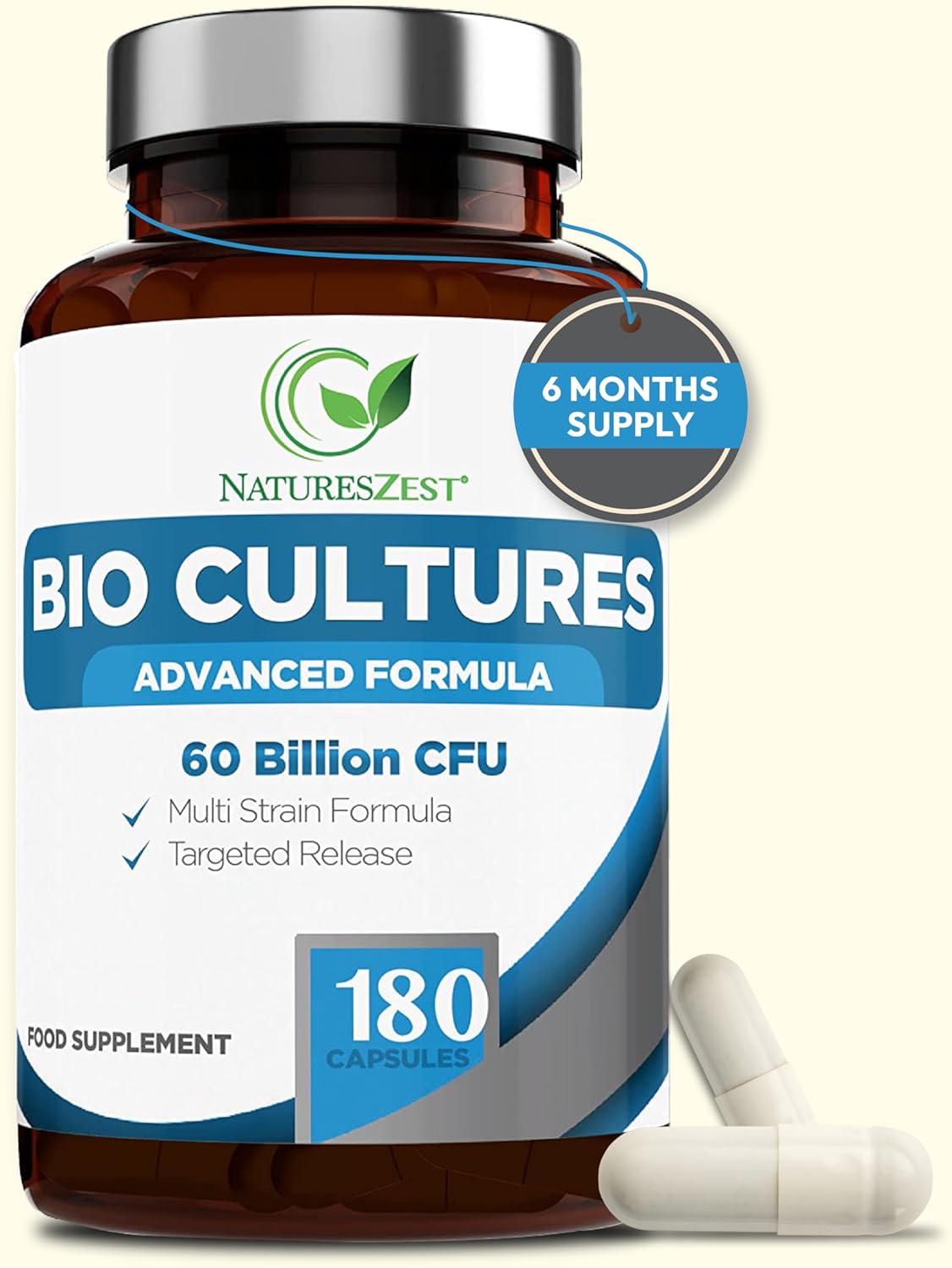 Bio Cultures Complex Probiotics & Prebiotics 60 Billion CFU – 6 Month Supply - for Gut Health with Lactobacillus Rhamnosus - for Women and Men - 180 Vegan Capsules
