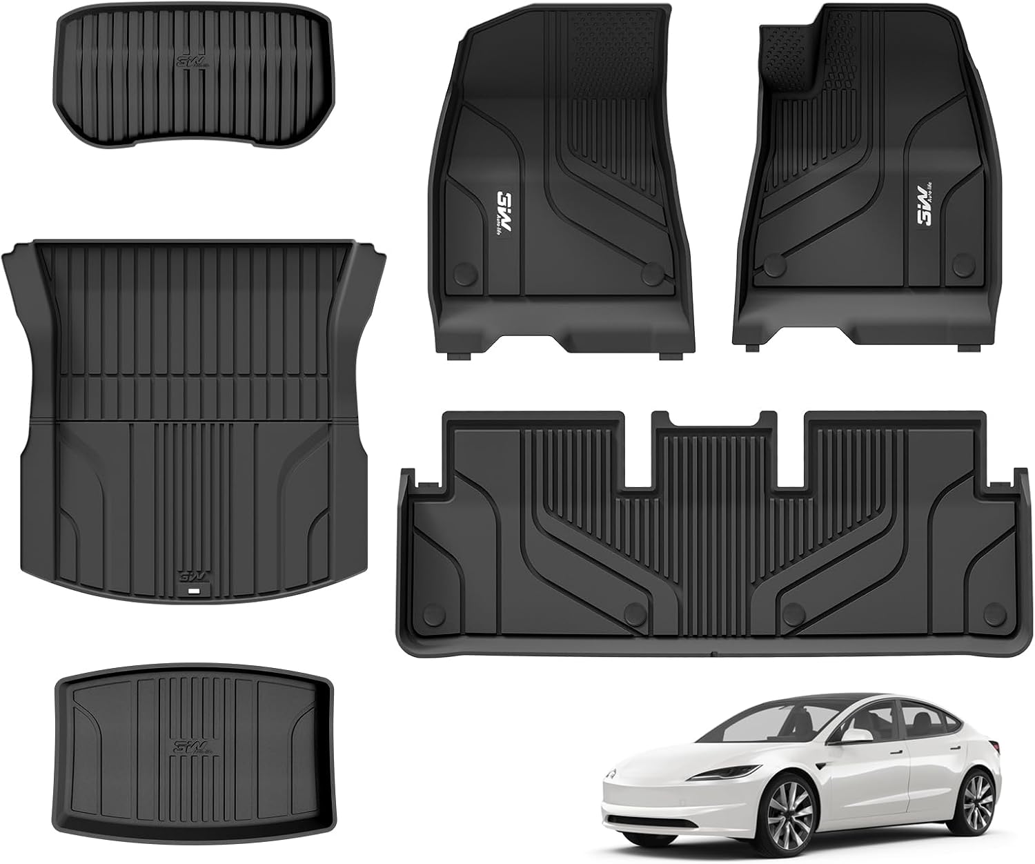 3W Floor Mats and Boot Liners Fit for Tesla Model 3 2024 2025 2026 Highland, Thorex™ All Weather Full Set Car liners and Cargo Mats, Dog Friendly Accessories Custom Fit for New Version Tesla Model 3