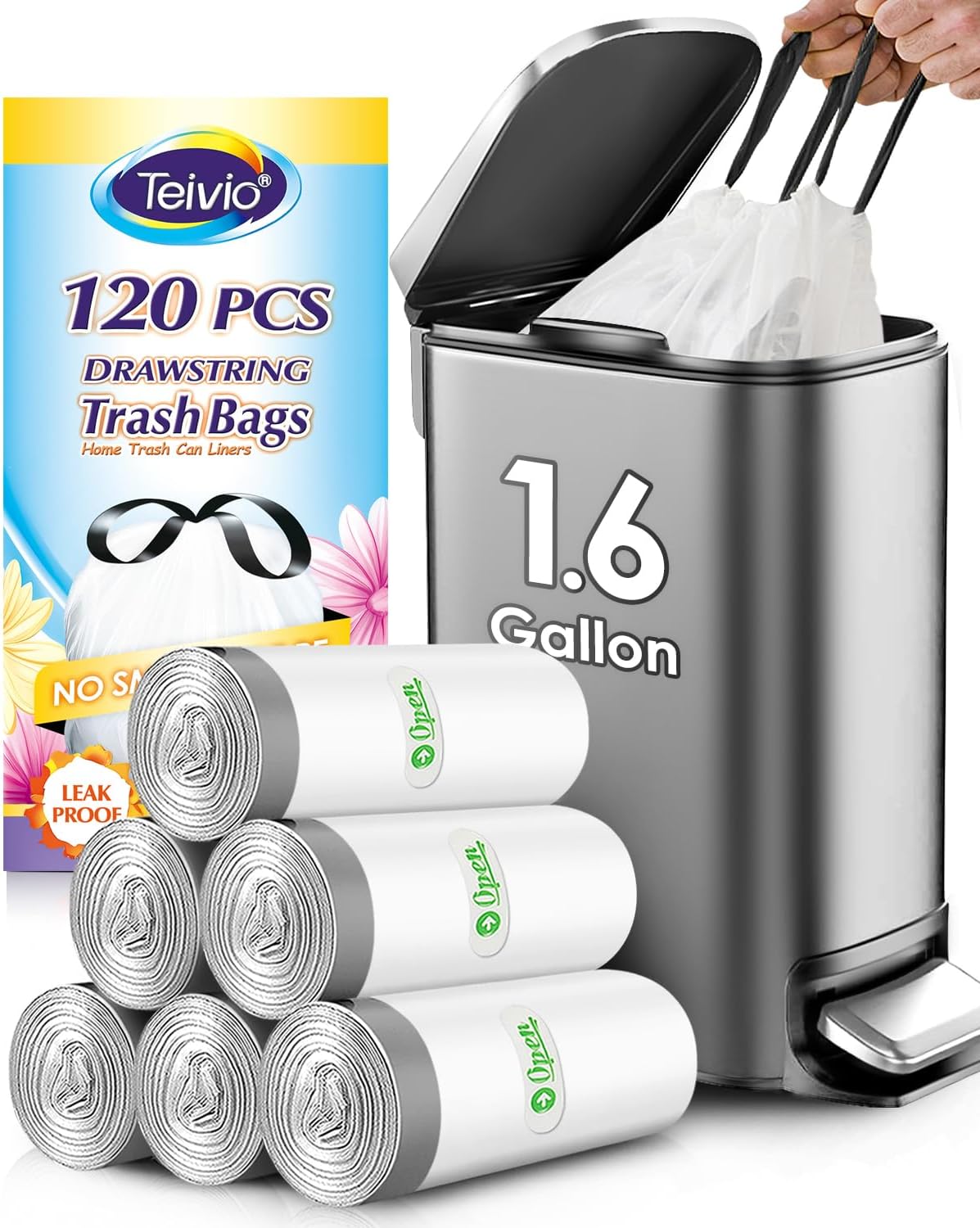 Teivio 1.6 Gallon 120 Counts Strong Drawstring Trash Bags Garbage Bags, Medium Kitchen Trash Can Bathroom Bin Liners, Plastic Trash Bags for Home Office Kitche, White