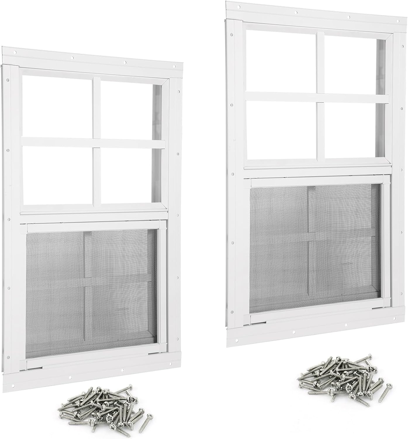 Shed Windows 2 Pack 18" W x 23" H Flush Mount White Window with Tempered Glass and Fiberglass Screen,Sliding Windows with Vertical Slider and Screws for Sheds,Chicken Coop, Playhouse Garbage Room etc