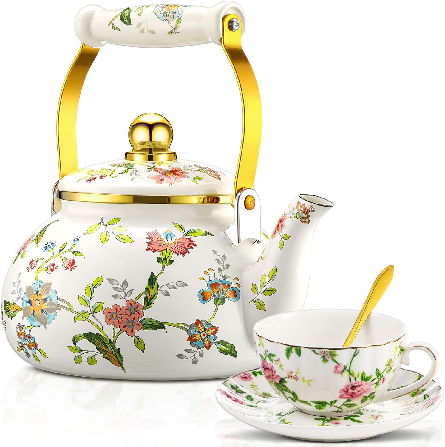 2.6 Quart Vintage Enamel Tea Kettle, Cups and Saucers Set with Spoon, Vintage Porcelain Tea Set Floral Teapot for Party, Gift for Wedding Housewarming