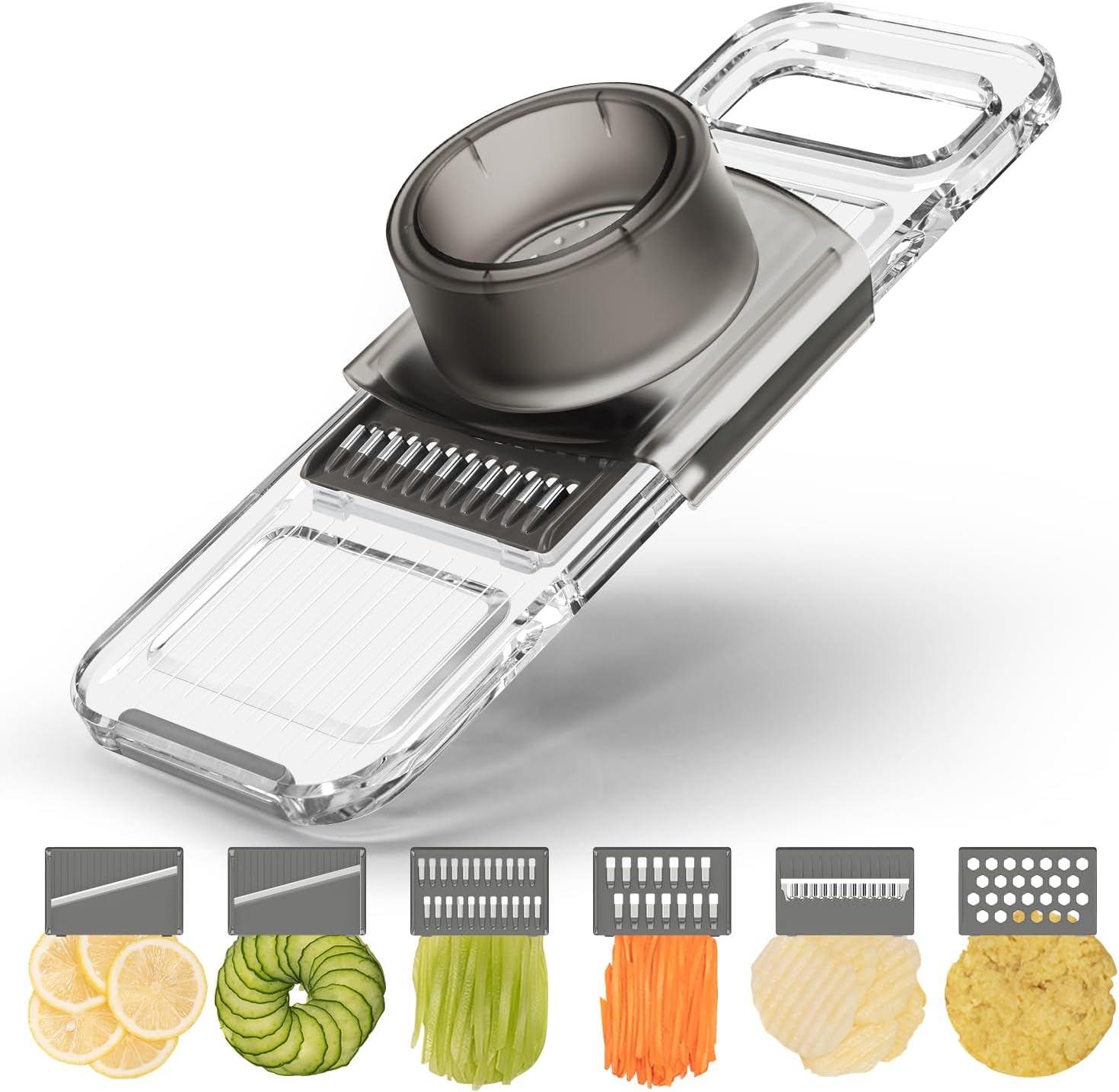 KEOUKE Transparent Multifunctional Mandoline Slicer - 6 Blades Interchangeable, Handheld Vegetable Cutter with Hand Guard for Kitchen, Onion, Garlic, Safe Food Slicer