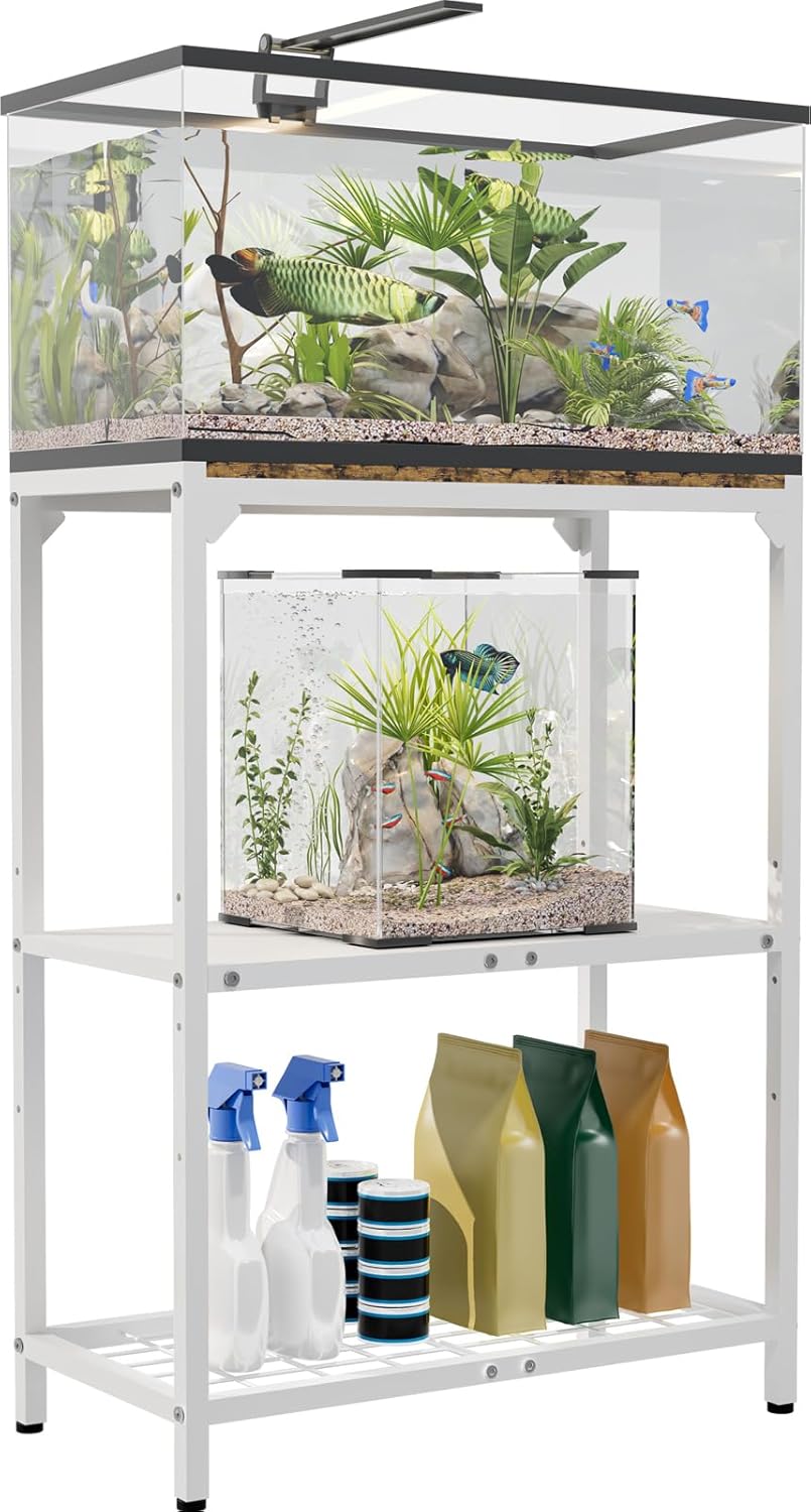 20 Gallon Aquarium Stand, Fish Tank Stand with Adjustable 3-Tier Storage Shelf, Heavy Duty Reptile Breeder Turtle Tank Terrarium Rack Table for Home Office, 24" L x 12" W x 32.2" H, White