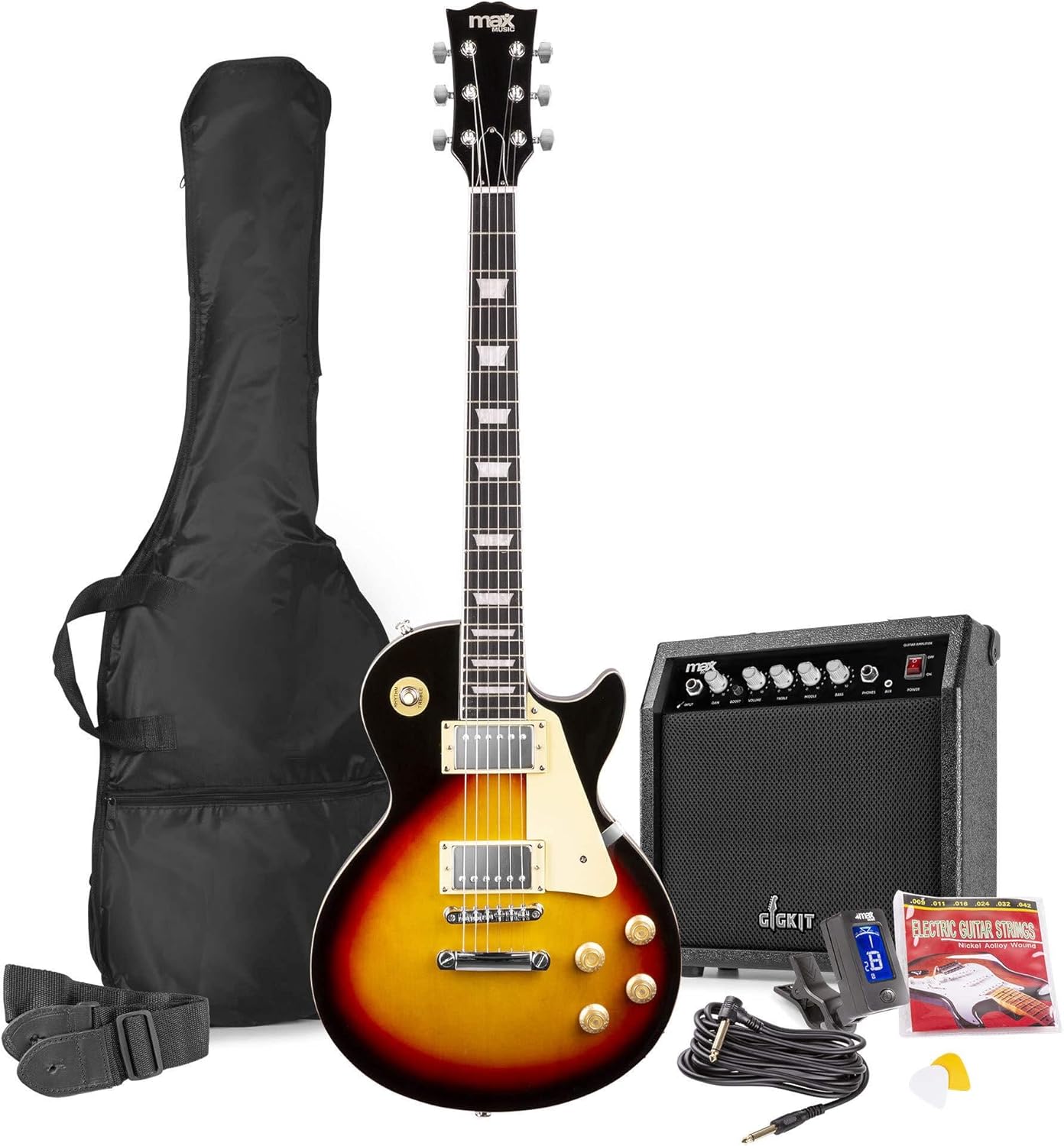 Max GigKit LP Style Beginner Electric Guitar Pack - Sunburst with 40W Amplifier, Digital Tuner & Accessories, Ideal Starter Guitar Set for Rock, Blues & Jazz Players