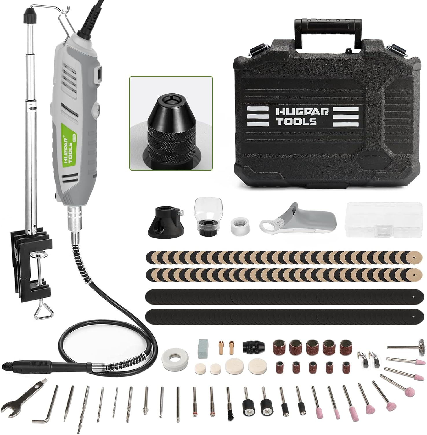Rotary Tool Kit, 200W 1.8 AMP Huepar Tools with Flex Shaft 239pcs Accessories include MultiPro Keyless Chuck, 6 Variable Speed 10000-40000RPM Electric Drill Set for Crafting Projects and DIY Creations