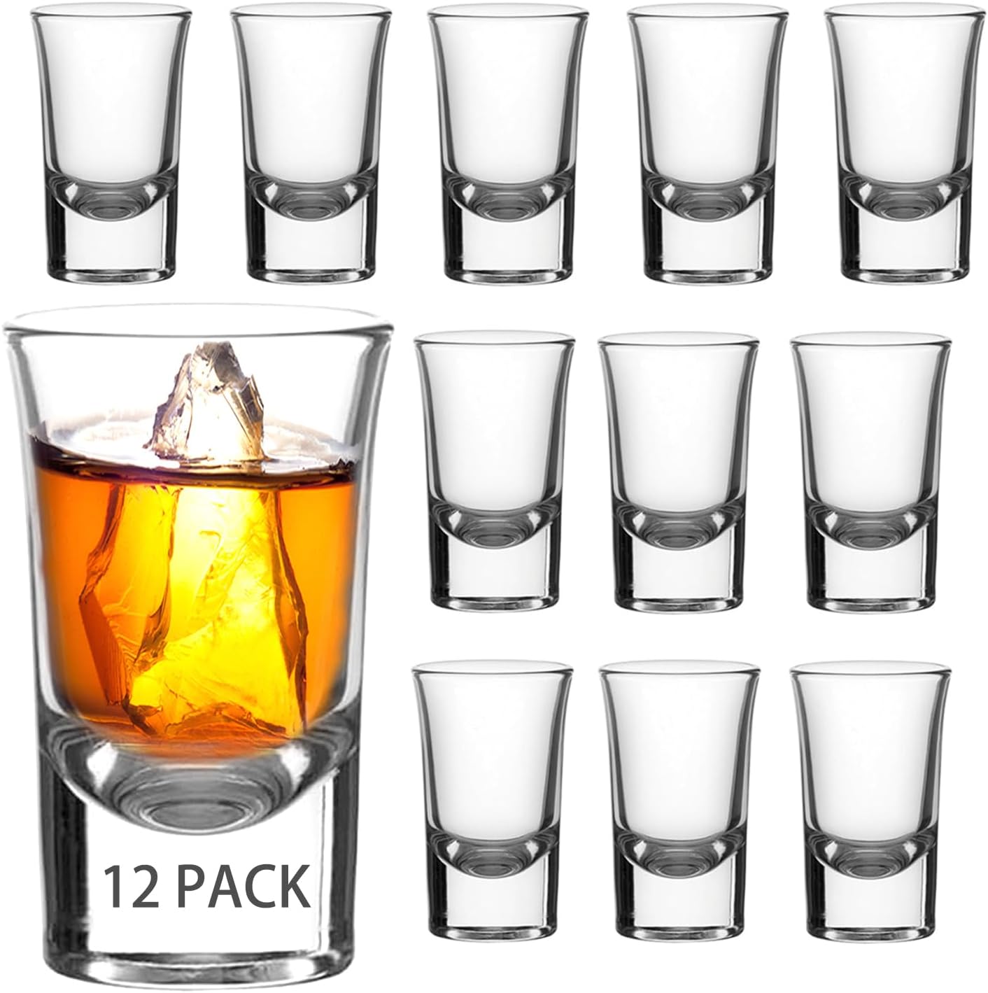 Ruckae 12 Pack 1 OZ Shot Glasses Set with Heavy Base Clear Shot Glasses Bulk for Vodka Tequila Whiskey Liquor