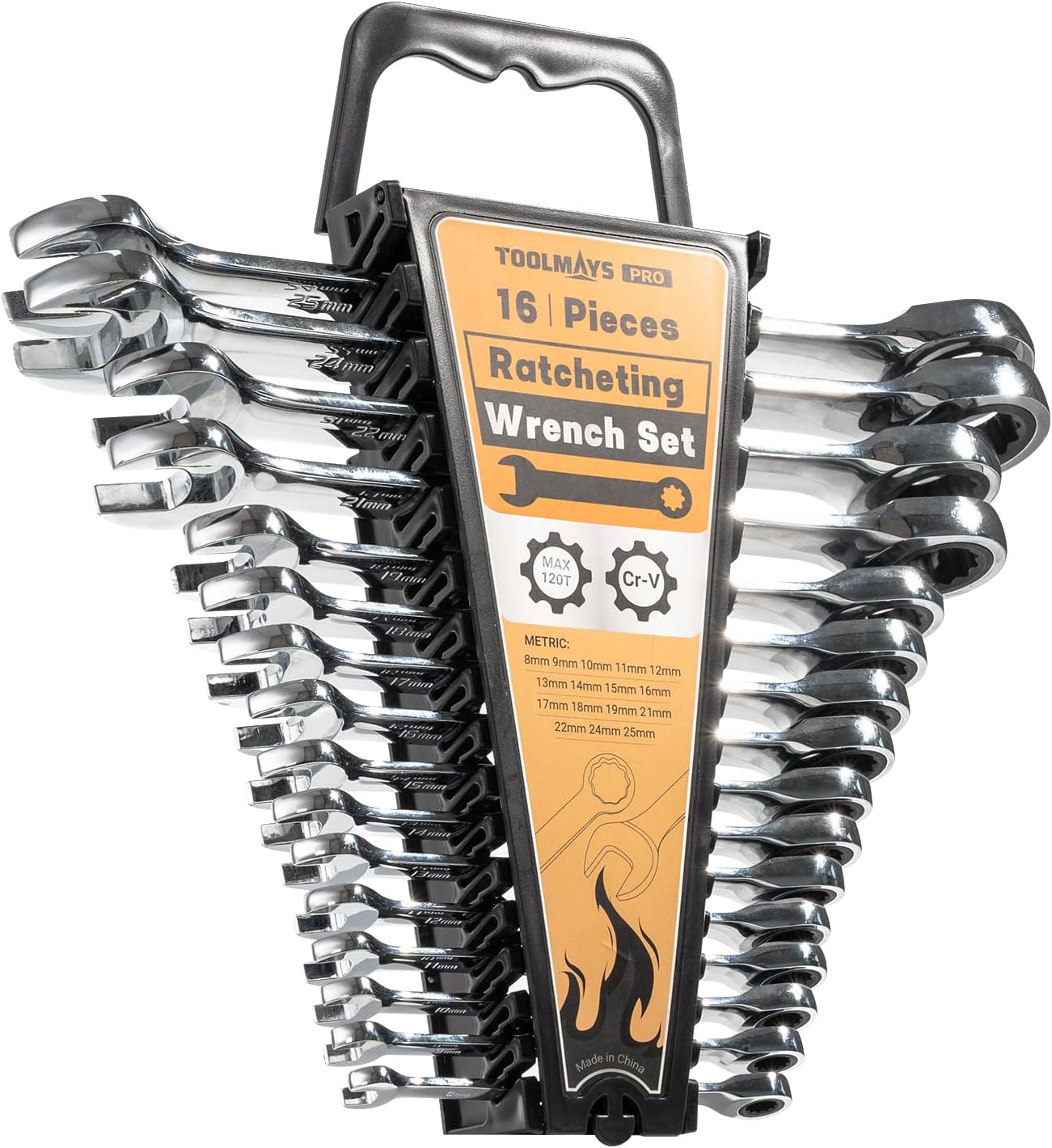 16-Piece Ratcheting Wrench Set, Combination Wrench Set, with Organizer, MM/Metric Max 120-tooth Chromium Vanadium Combination Wrench