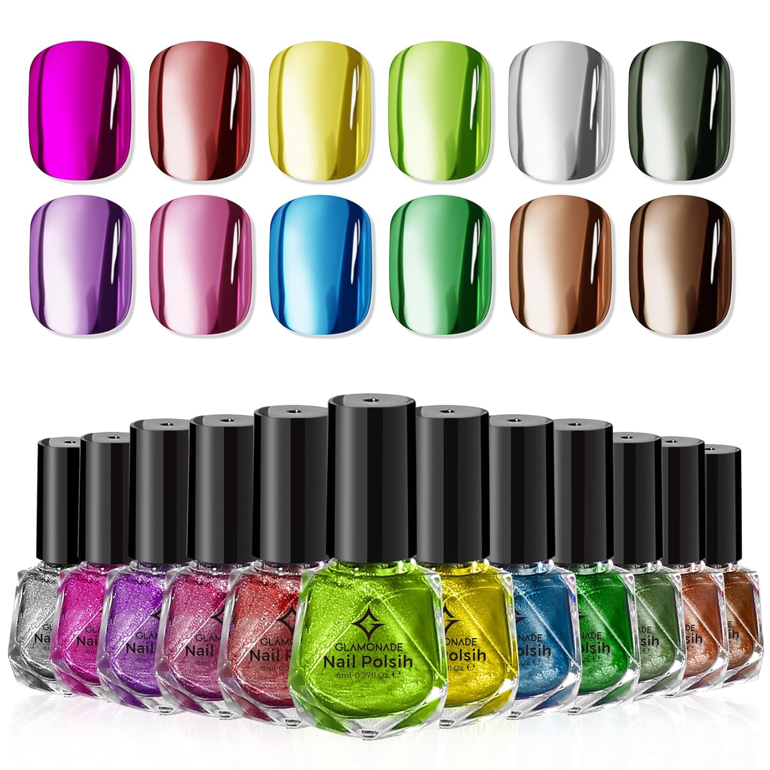 Metallic Nail Polish Set Fingernail: Chrome Mirror Holographic Nail Polish Kit Quick Air Dry 12 Colors Pack Regular Mini Nail Polish Finger Toe DIY Art Salon Gift for Women Party