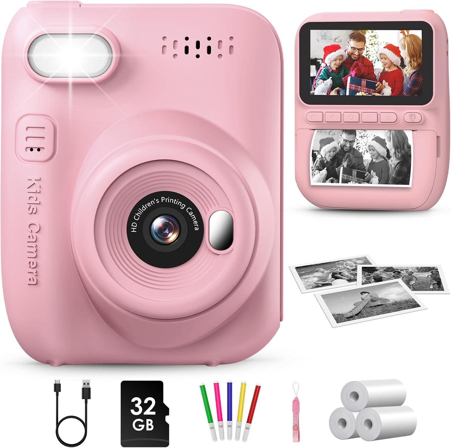 GREENKINDER Kids Camera Instant Print, 3.0'' Large Screen Instant Camera for Kids, 1080P Kids Digital with 32GB Card & 3 Rolls Print Paper, Gift Toy Selfie for Girls Age 3-12, Pink