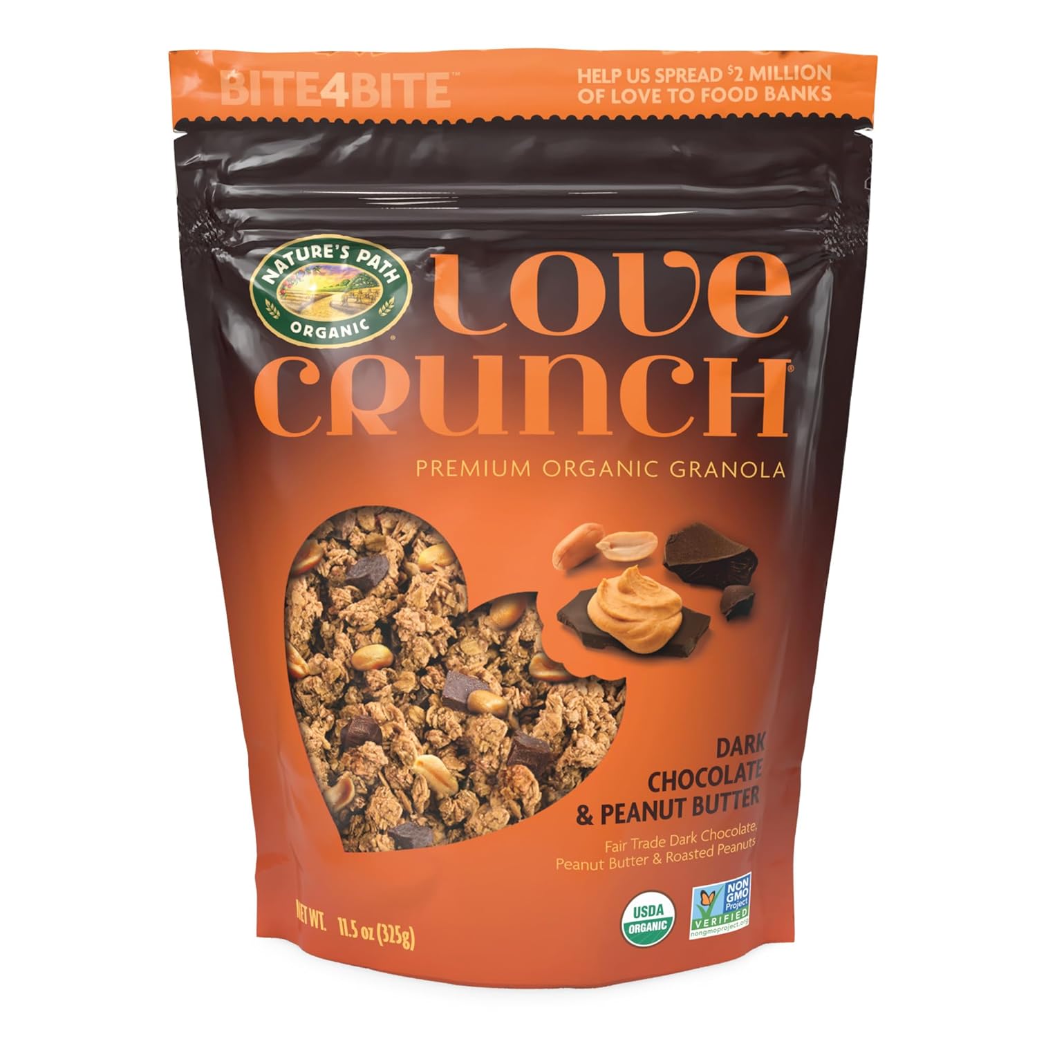 Love Crunch Organic Dark Chocolate & Peanut Butter Granola, 11.5 oz (Pack of 1), Non-GMO, Fair Trade, by Nature's Path