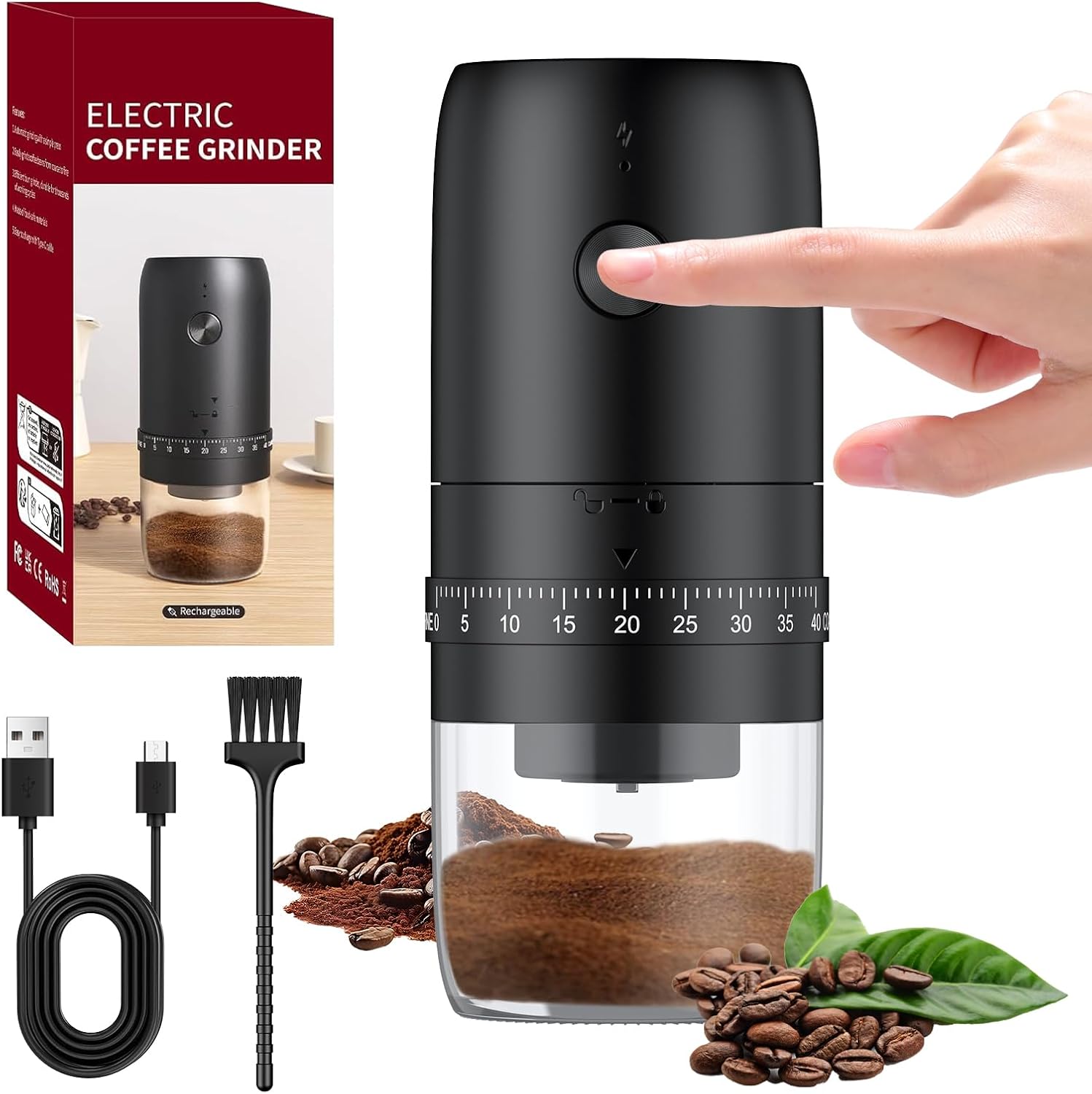 Pawfly Rechargeable Coffee Bean Grinder, 40 Gears Adjustable Electric Coffee Grinder, Auto-Stop Conical Ceramic Burr Coffee Grinder with Cleaning Brush, Portable Coffee Bean Mill for Travel Camping