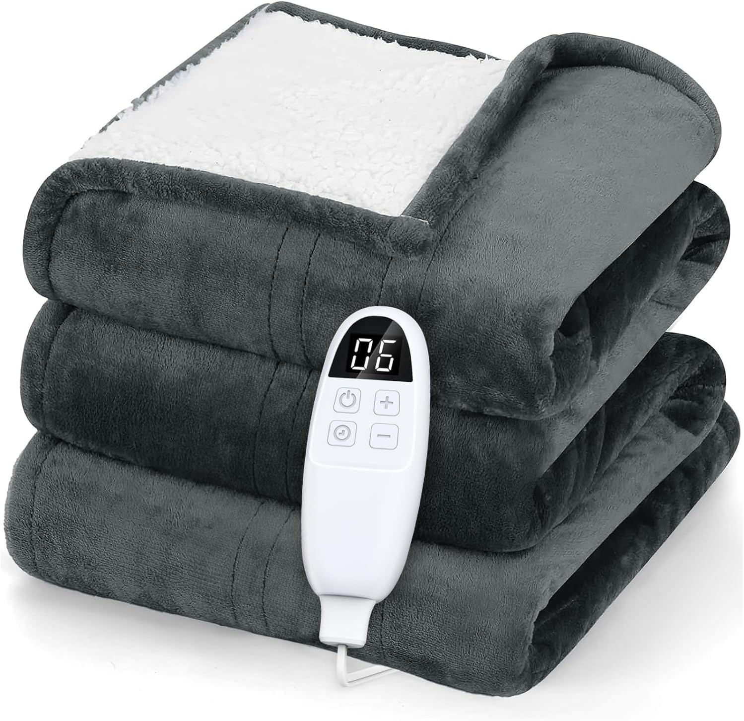 PRANITE Electric Blanket Single 160x130 cm, Heated Blanket with 10 Timer and 6 Heat Settings, Auto Shut off, LCD Display, Machine Washable, Heated Throw Blanket Flannel Sherpa for Sofa and Bed, Grey
