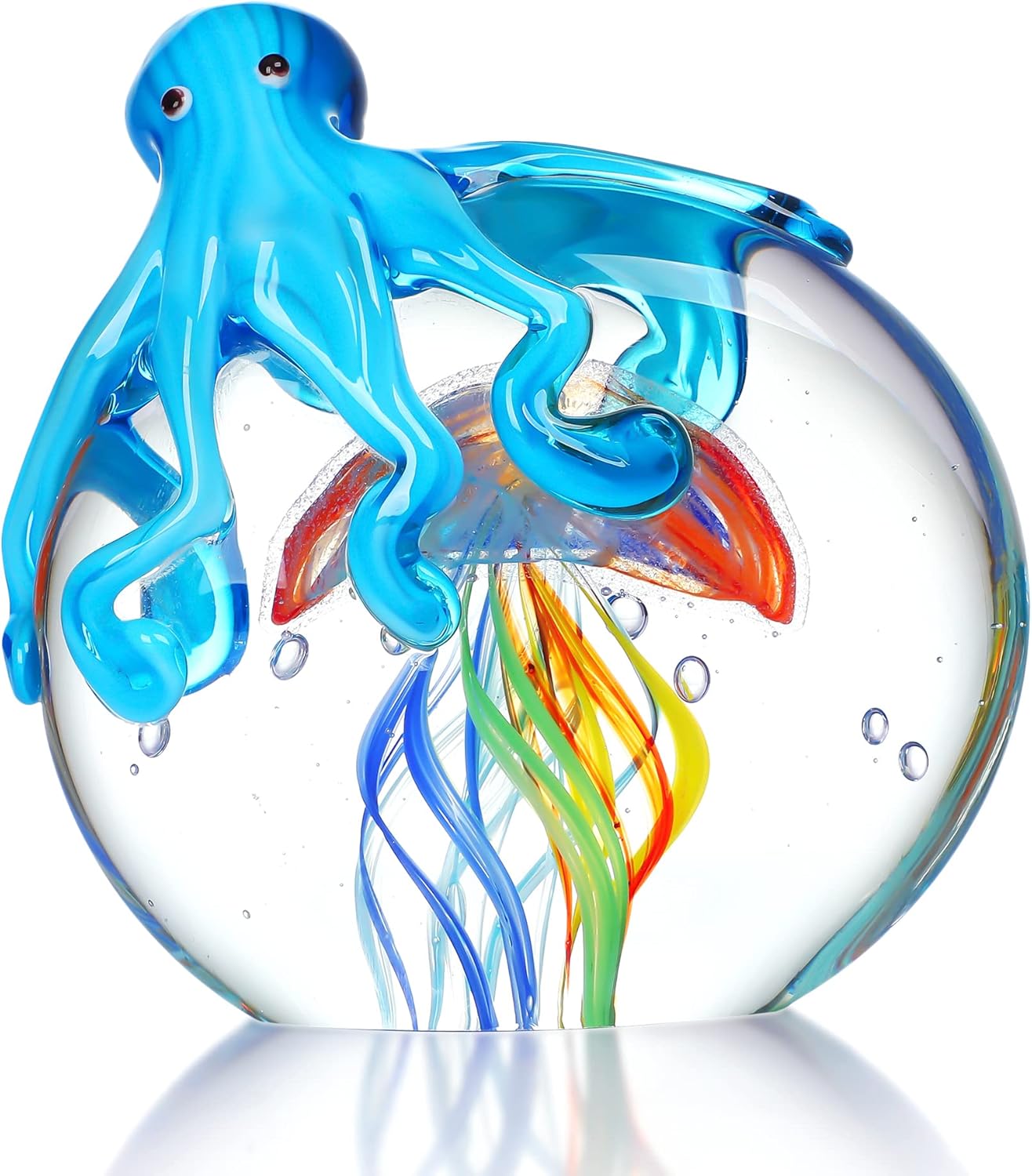 QFkris Colorful Octopus and Jellyfish Collectible Figurines Handmade Glass Paperweight Ornament Sea Animal Artwork Sculpture Home Aquarium Decor Gift Craft Decoration(5.3inch)