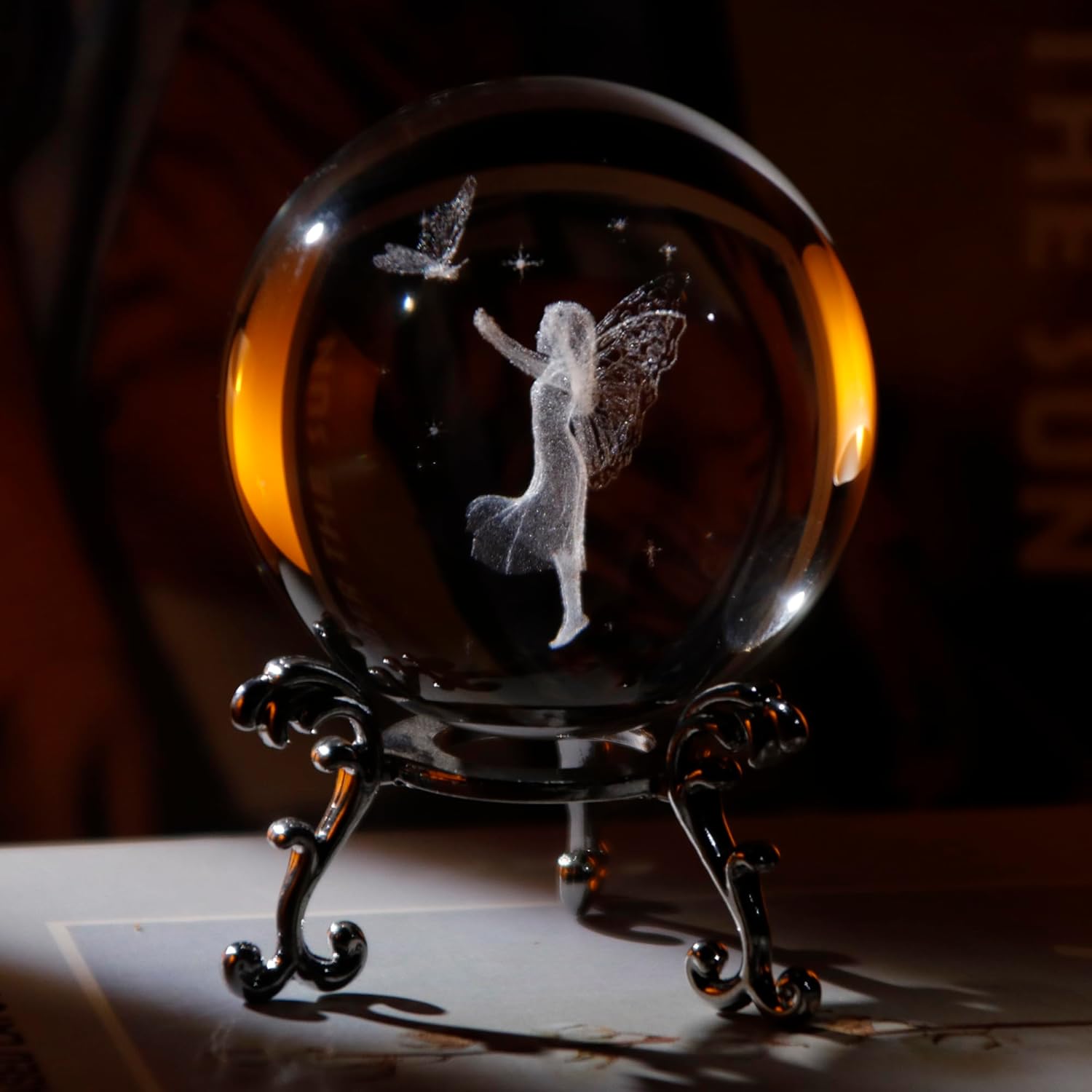 3D Laser Engraved Crystal Butterfly Fairy Figurine in Crystal Ball - Decorative Glass Sphere Paperweight Gift with Silver Stand - 2.36in