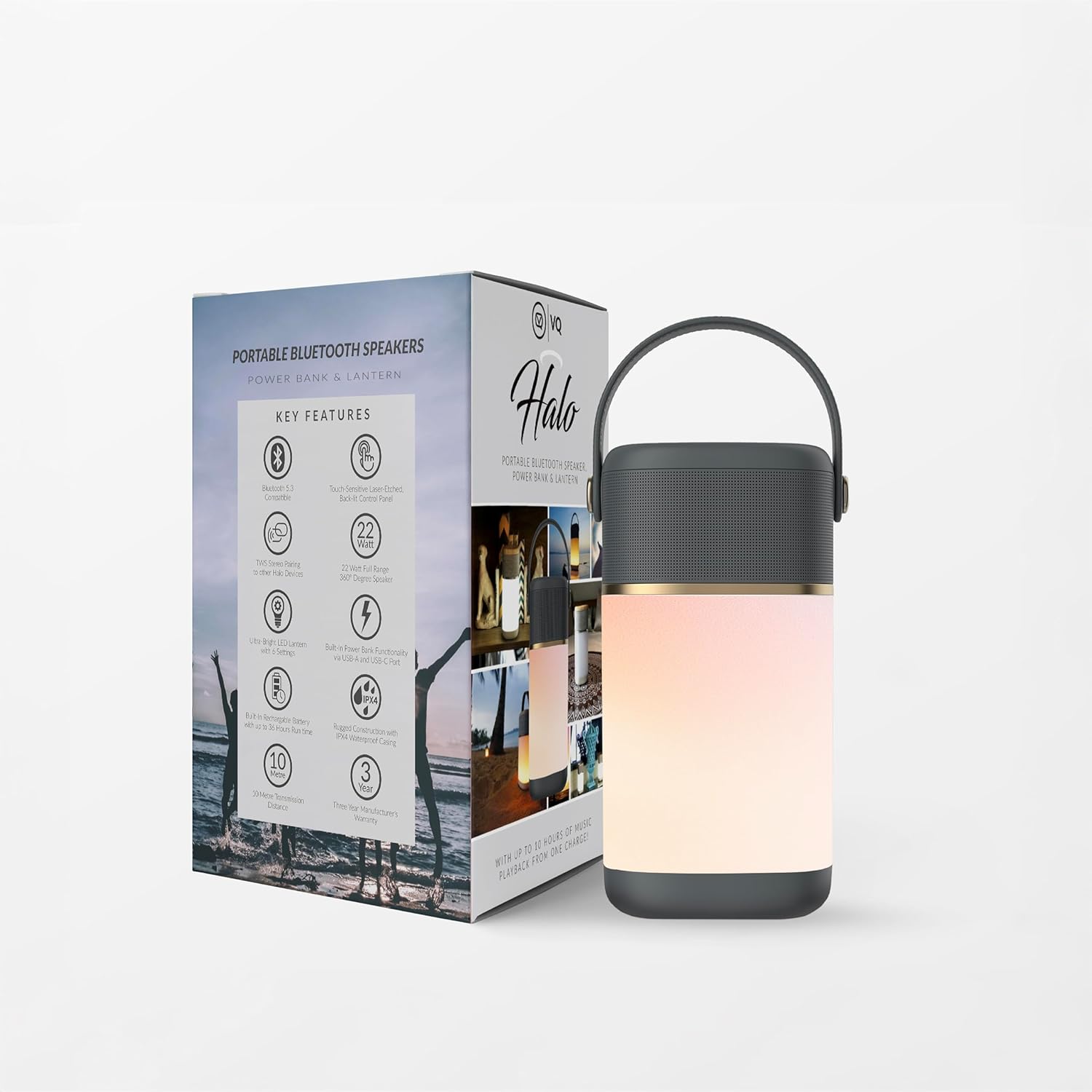 VQ Halo Portable Bluetooth Speaker Wireless with Ultra-Bright Led Camping Light - Outdoor Speakers with Long Battery Life - Loud Wireless Speaker with 360-Degree Stereo Sound & AUX - Slate Chic