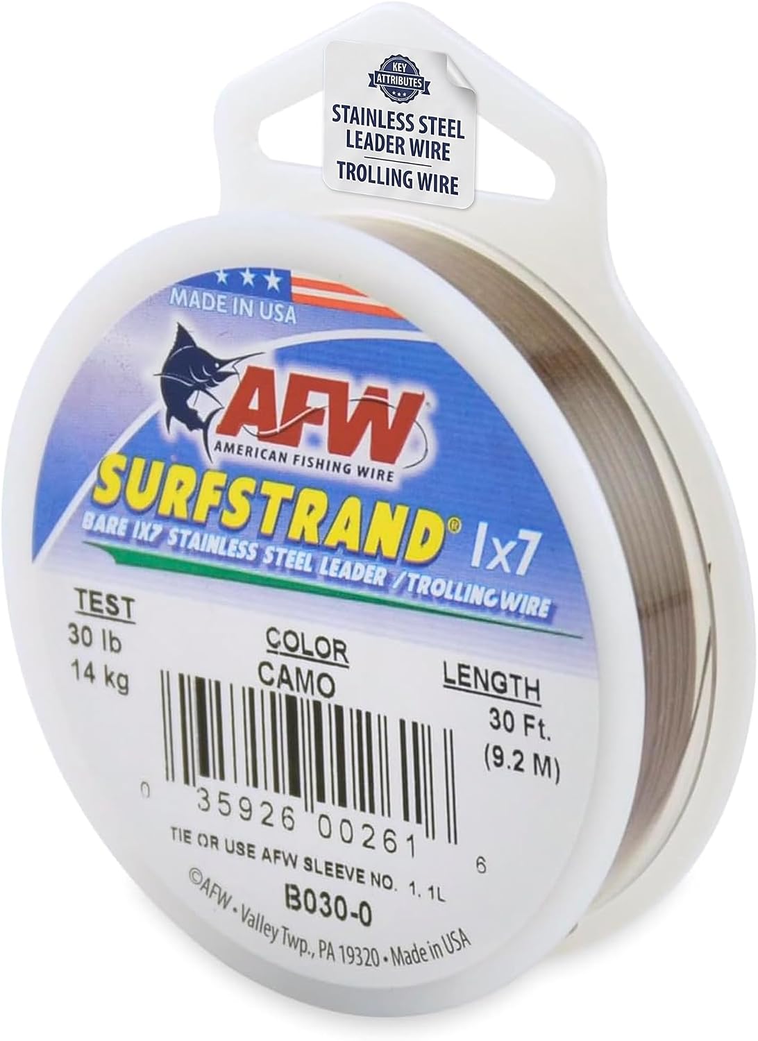 American Fishing Wire Surfstrand Bare 1x7 Stainless Steel Leader Wire - Fishing Leader Line for Saltwater, 20lb Test - 325lb Test in Bright, Camo in 30ft, 300ft, 600ft and 1,000ft Lengths