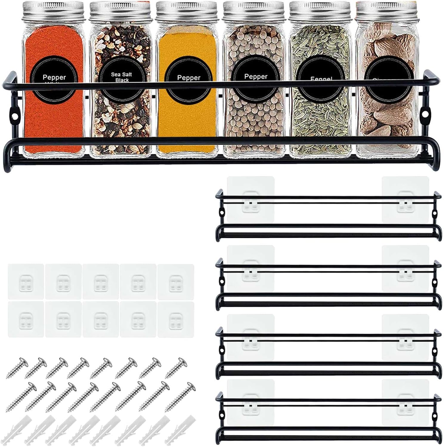 BAORELST Spice racks Organizer 4 Tier Wall Mounted Condiment Holder With Adhesive Sticker and Screws for Kitchen Condiments & Inside Cupboard Spice Organizer Tidy (Black)