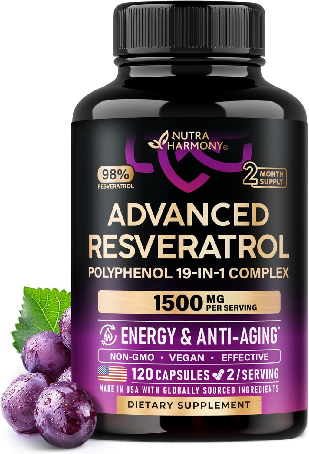 Resveratrol Supplement - 19-in-1 Organic Polyphenol Complex - Noni Extract | Berberine | Quercetin | Apple Cider Vinegar | Acai - Made in USA - Antioxidant & Heart Health Support - 120 Capsules