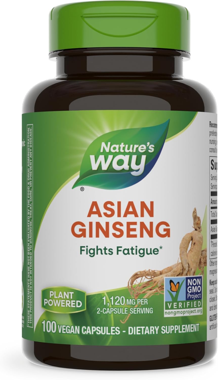 Nature's Way Asian Ginseng, Fights Fatigue*, 1,120mg Per 2-capsule Serving, Non-GMO Project Verified, Vegan, 100 Capsules (Packaging May Vary)