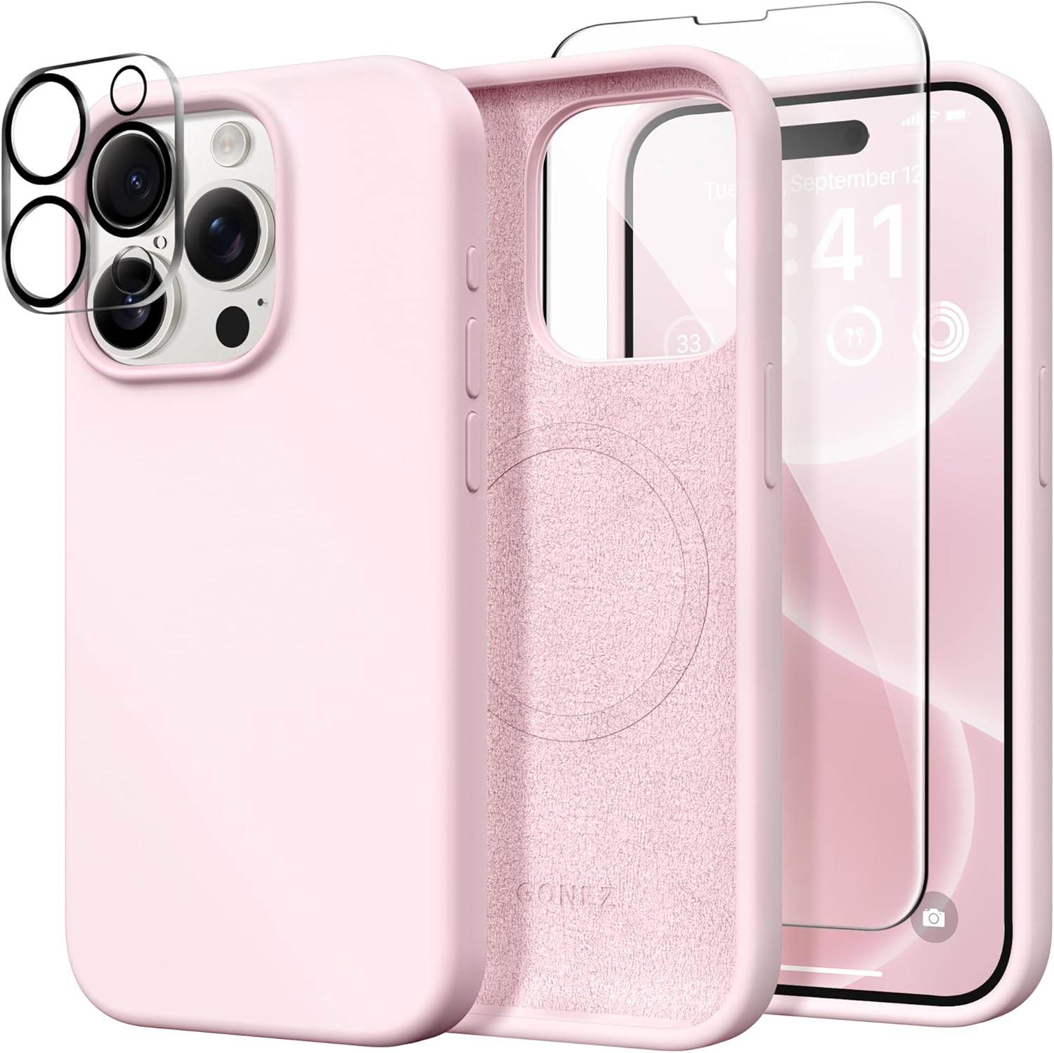 GONEZ Magnetic for iPhone 15 Pro Case, Compatible with MagSafe, [Screen Protector + Camera Lens Protector], Silicone Shockproof Anti-Scratch Protective Phone Case 6.1 inch, Chalk Pink