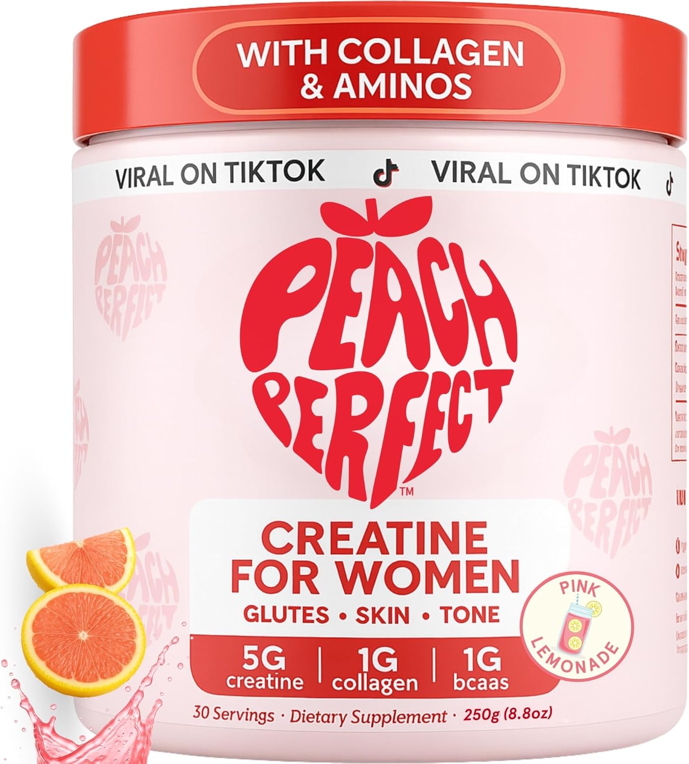 Peach Perfect Creatine for Women Booty Gain, Muscle Builder, Energy Boost, Pink Lemonade, Cognition Aid | Collagen, BCAA, Lean Muscle, Vegan Monohydrate Micronized Powder, Alt Creapure,30 Ser