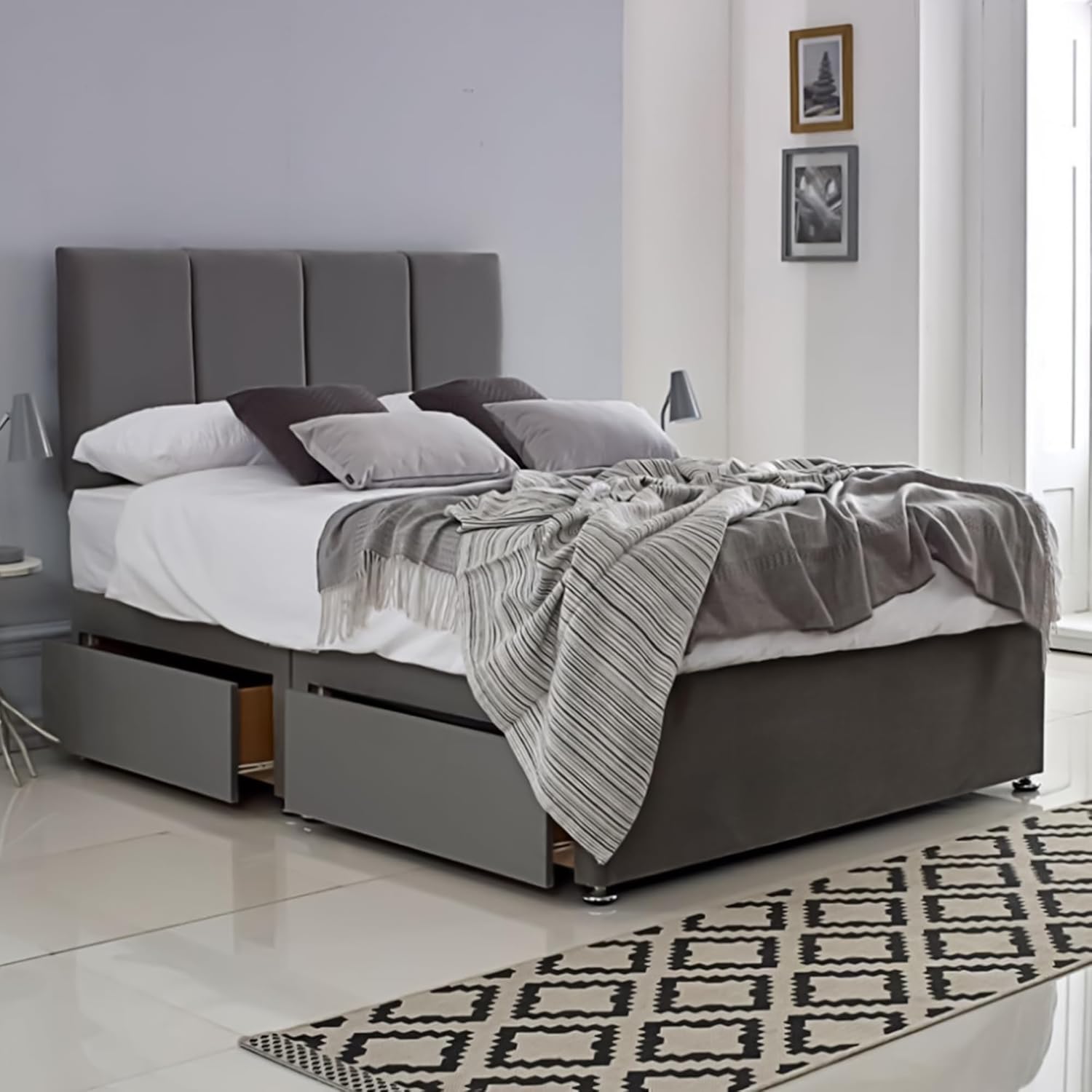 ComfoRest Double Bed with Mattress & 2 Drawers - 4FT6 - (Grey Plush) - Durable Set for Cosy Spaces - Stylish Frame for Daily Use - Comfortable Option for Restful Nights