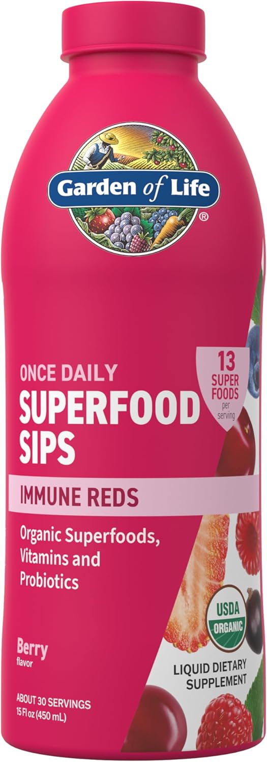Garden of Life Once Daily Superfoods Sips, Vibrant Reds Liquid Concentrate for Immunity, 9 Superfoods, Functional Mushrooms & Probiotics, Organic, Vegan, Preservative-Free, Berry Flavor, 30 Servings