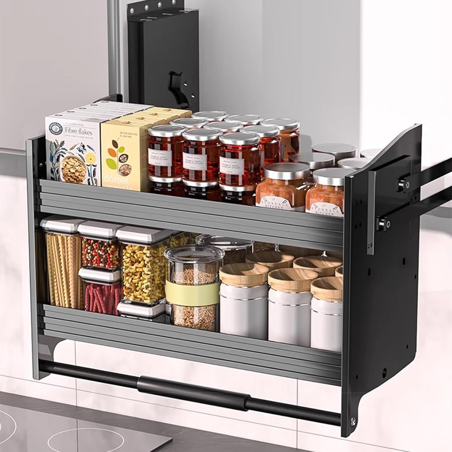 Heavy Duty Pull Down Cabinet Organizer, 2 Tier Space Saving Wall Shelf for Kitchen & Pantry Storage