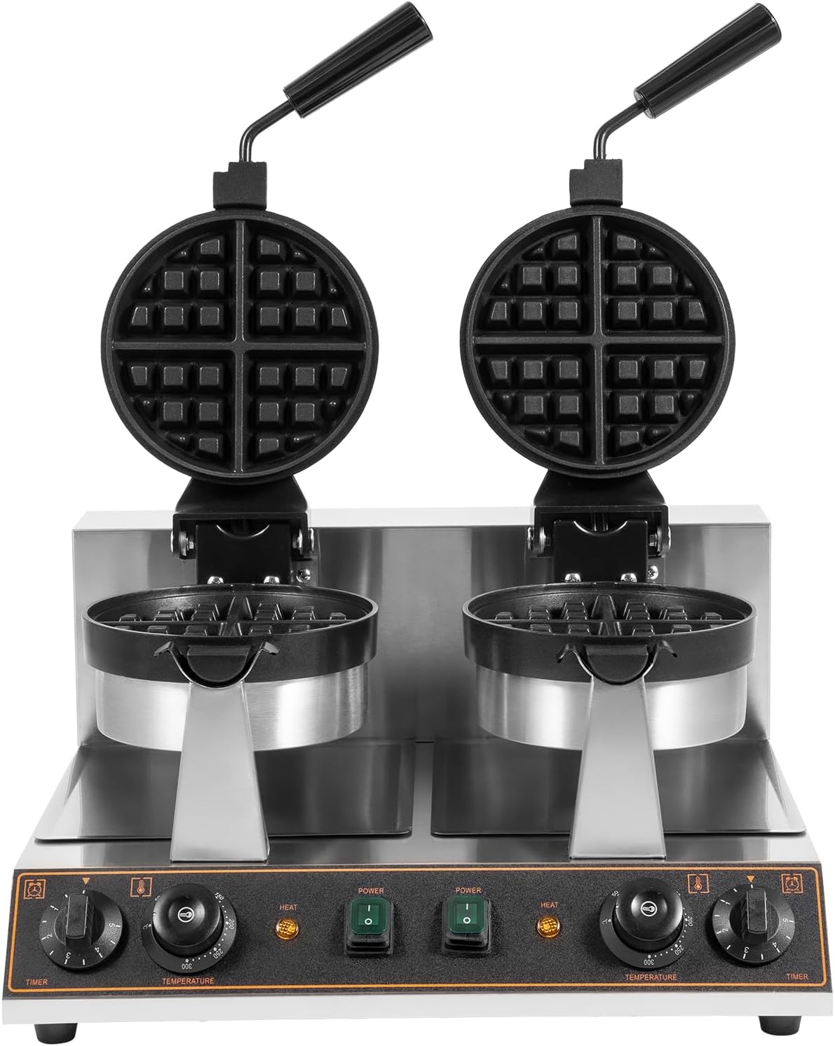 Commercial Waffle Maker, 2600W Stainless Steel Rotating Double Head Waffle Iron Maker Non-Stick Round Belgian Waffle Cake Baker Pan Waring Breakfast Maker for Bakery, Restaurant, Snack Bar, Household