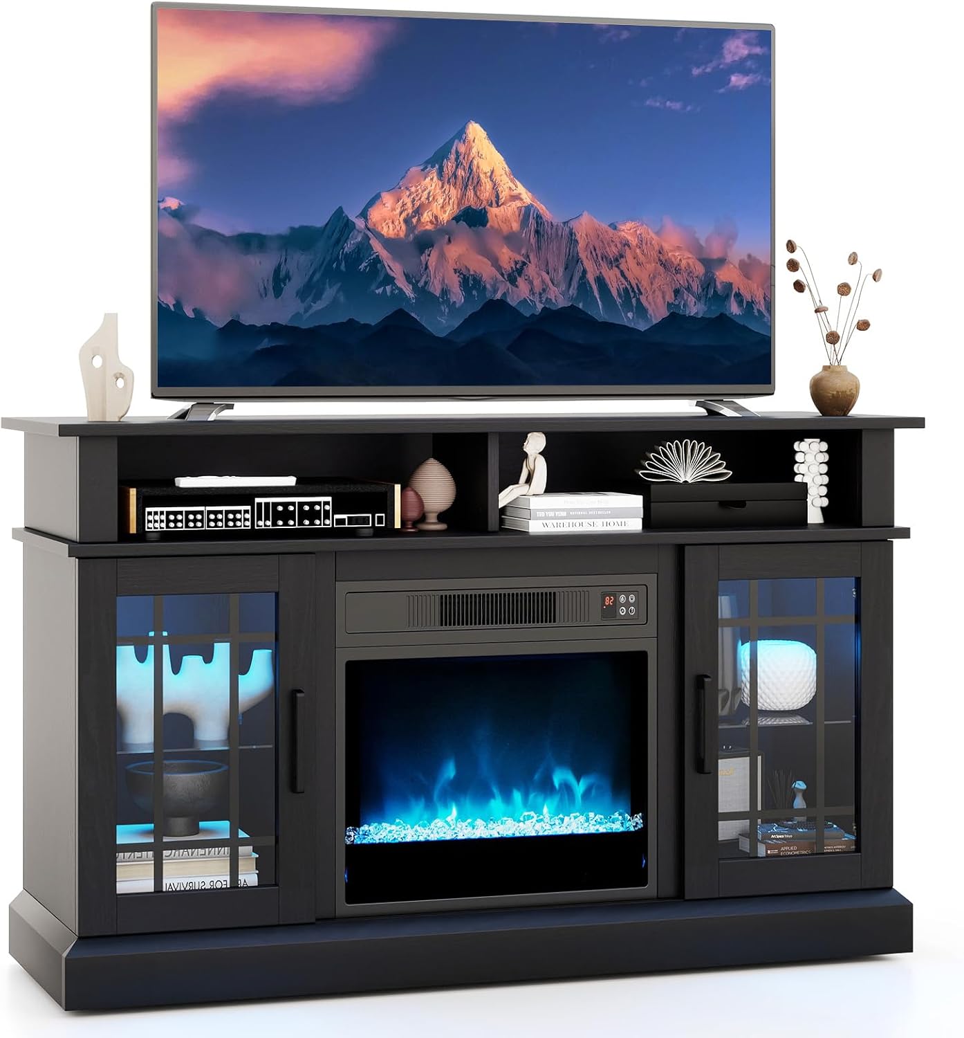 TANGZON Electric Fireplace Insert TV Stand, Freestanding Media Console Table Entertainment Center with 1800-2000W Heater & Remote Control (Black with Lights, 19" Fireplace,121x40x74cm for 50" TV)