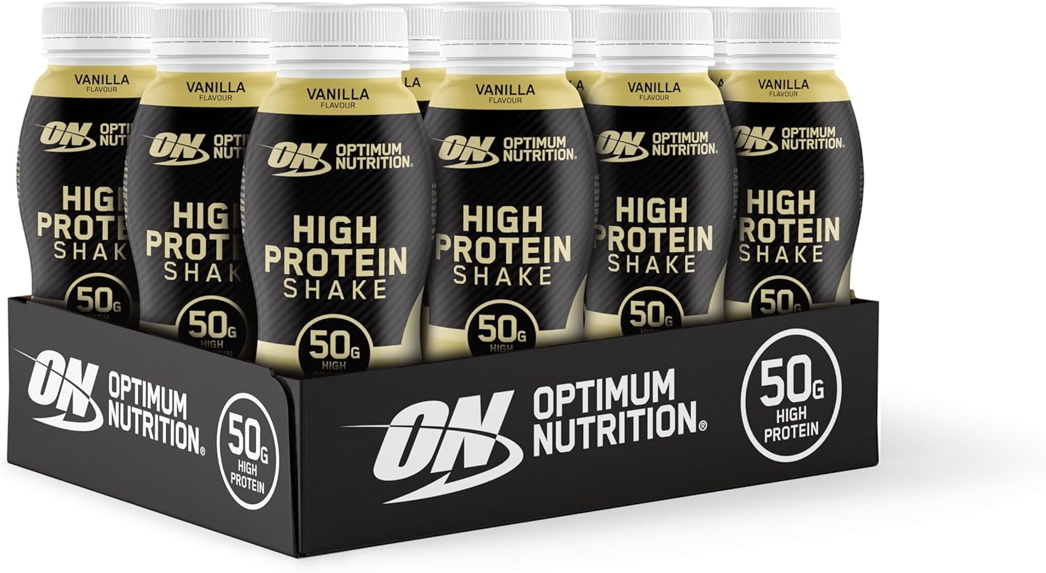 Optimum Nutrition High Protein Shake Bottles, Ready to Drink Healthy Snacks, No Added sugars, Low Fat, Vanilla Flavour, 12x500ml, Packaging May Vary