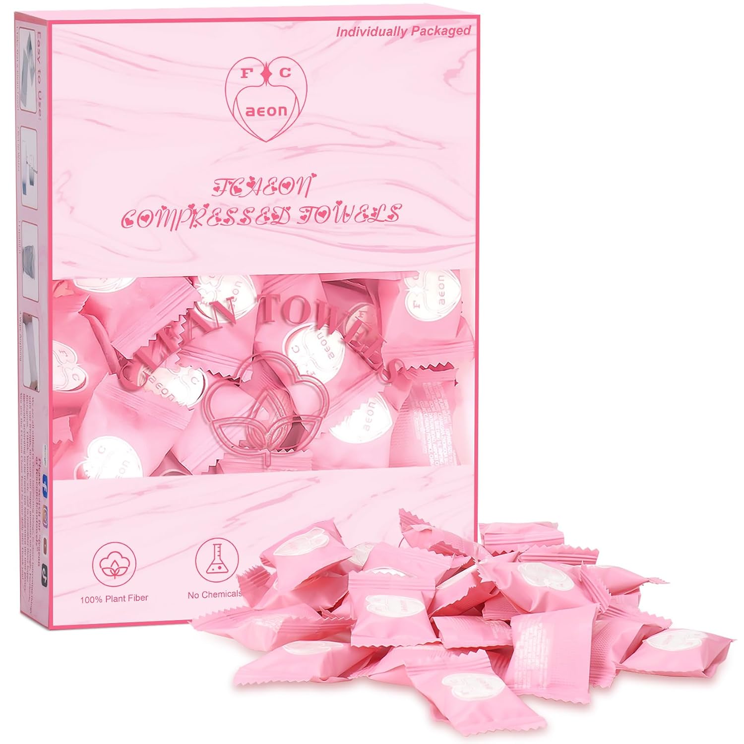 Compressed Towel 9"X7.5" 100PACK Individually Wrapped Disposable Cleaning Travel Size Face Towel Cleansing Wipes Tablets Personal Care Coin Towelettes for Beauty & Personal Care (Pink)