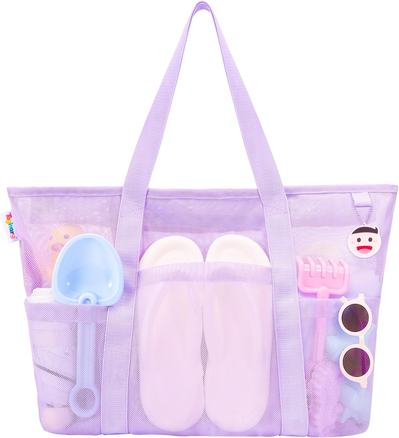 Tagitary Beach Toys Mesh Beach Bag with Zipper and 8 Pockets, Large Beach Tote Waterproof Sandproof for Travel Pool Storage