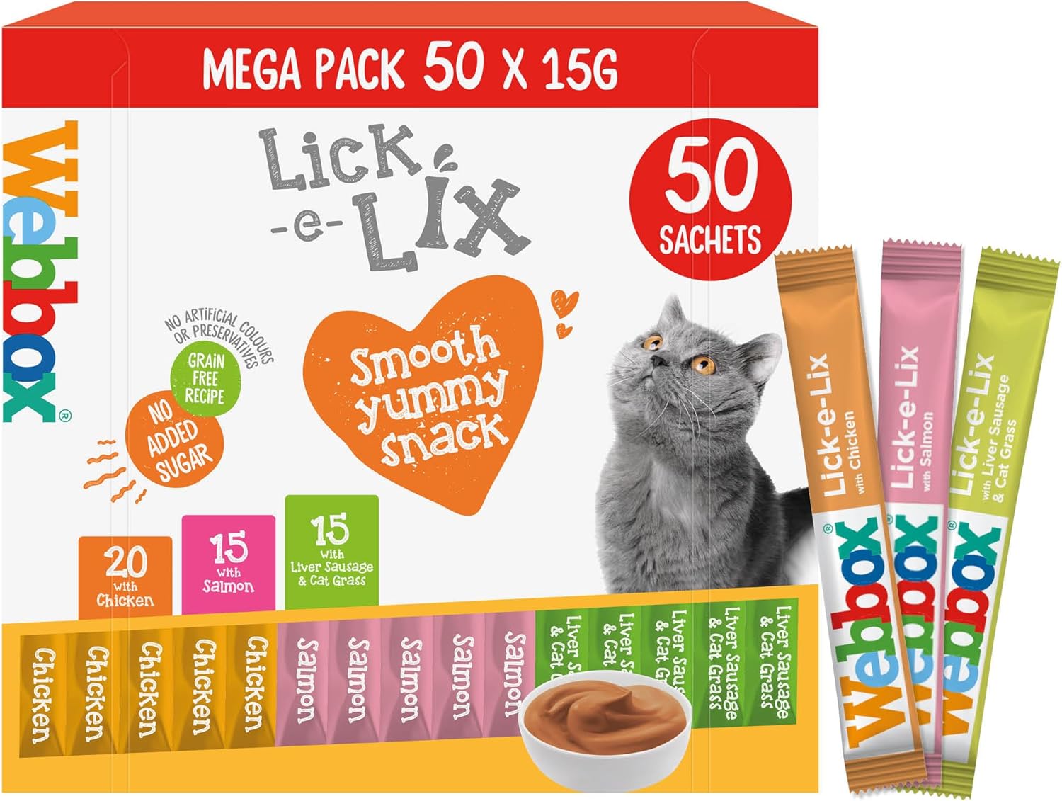 Webbox Lick-e-Lix Cat Treats Variety Mega Pack - Kitten Friendly, Grain Free, No Artificial Preservatives or Colours (50 Pack)