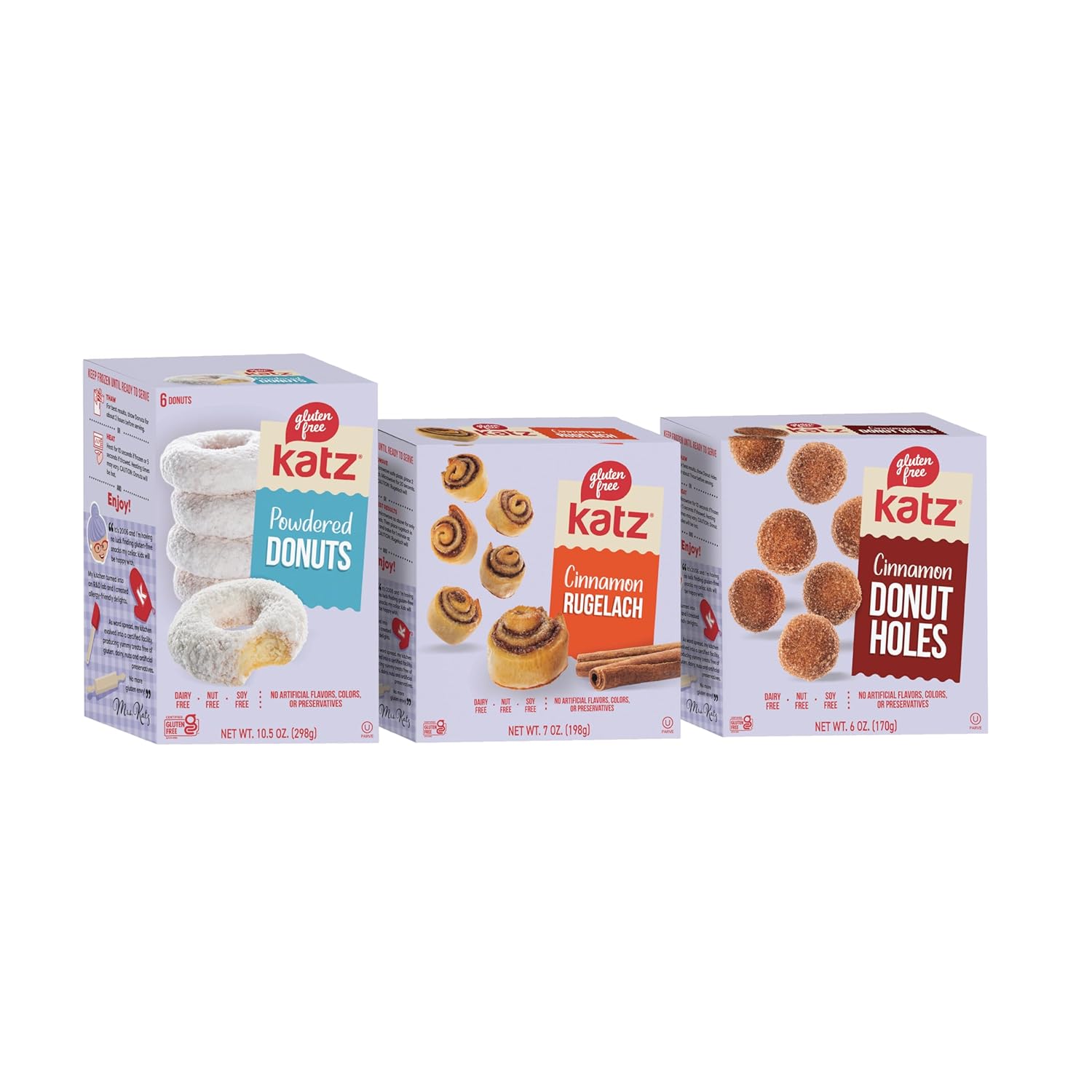 Katz Gluten Free Variety Pack, Cinnamon Rugelach, Powdered Donuts, And Cinnamon Donut Holes, Dairy Free, Nut Free, Soy Free, Kosher (1 Pack of each)