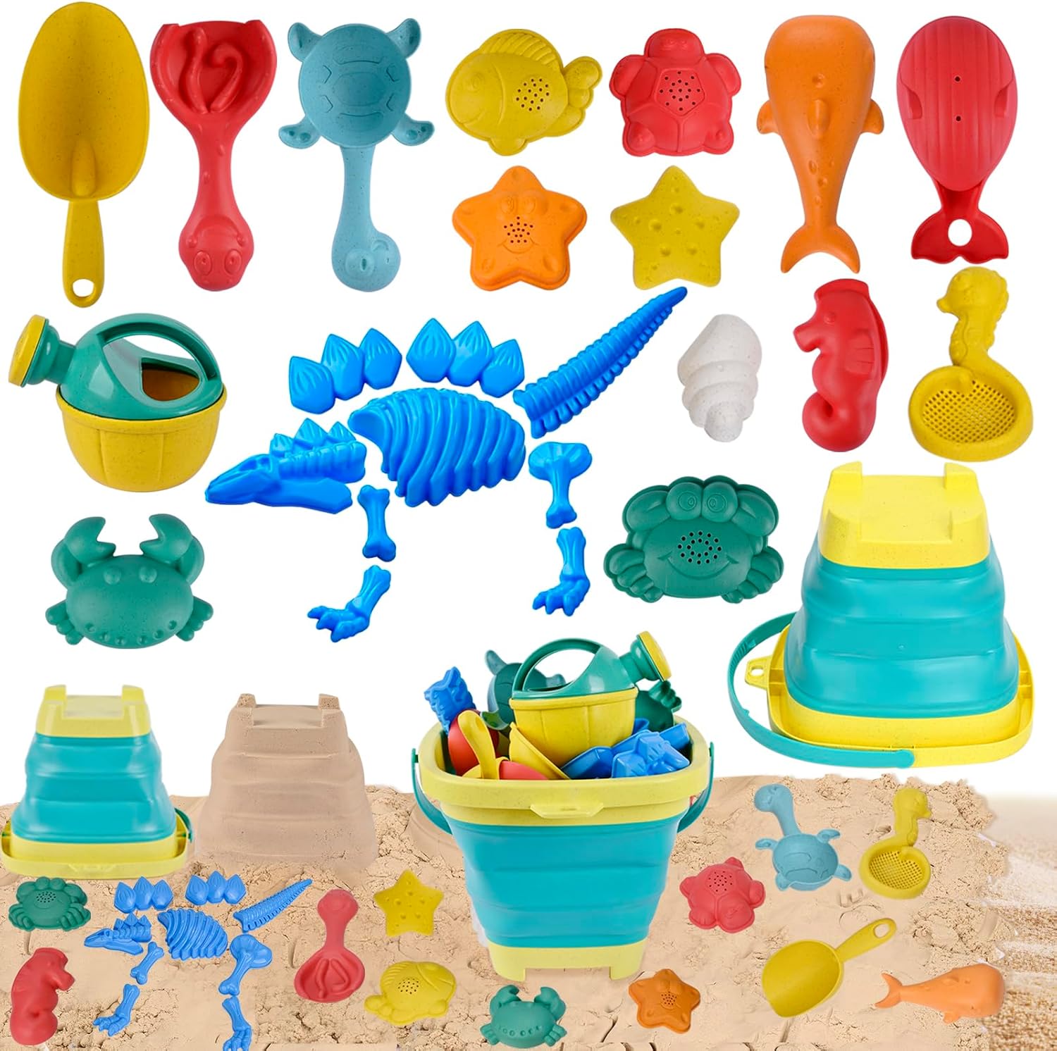 25PCS Dinosaur Beach and Sand Toys Set - Collapsible Bucket, Molds, Rake, Castle Building Kit for Toddlers