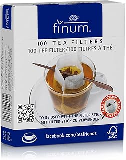 Finum 60/4205500 Disposable Cup-Sized Paper Tea Filter Bags for Loose Tea plus Stylish Filter Holding Stick, 100 Count, White