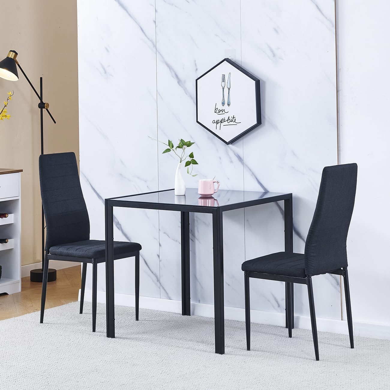 NICEME Dining Room Set for 2, Glass Dining Table and 2 Chairs for Kitchen, Small Room Space Saving, 75x75 cm Square Glass Tabletop Metal Frame (Black Table, 2 Seaters, Linen Black)