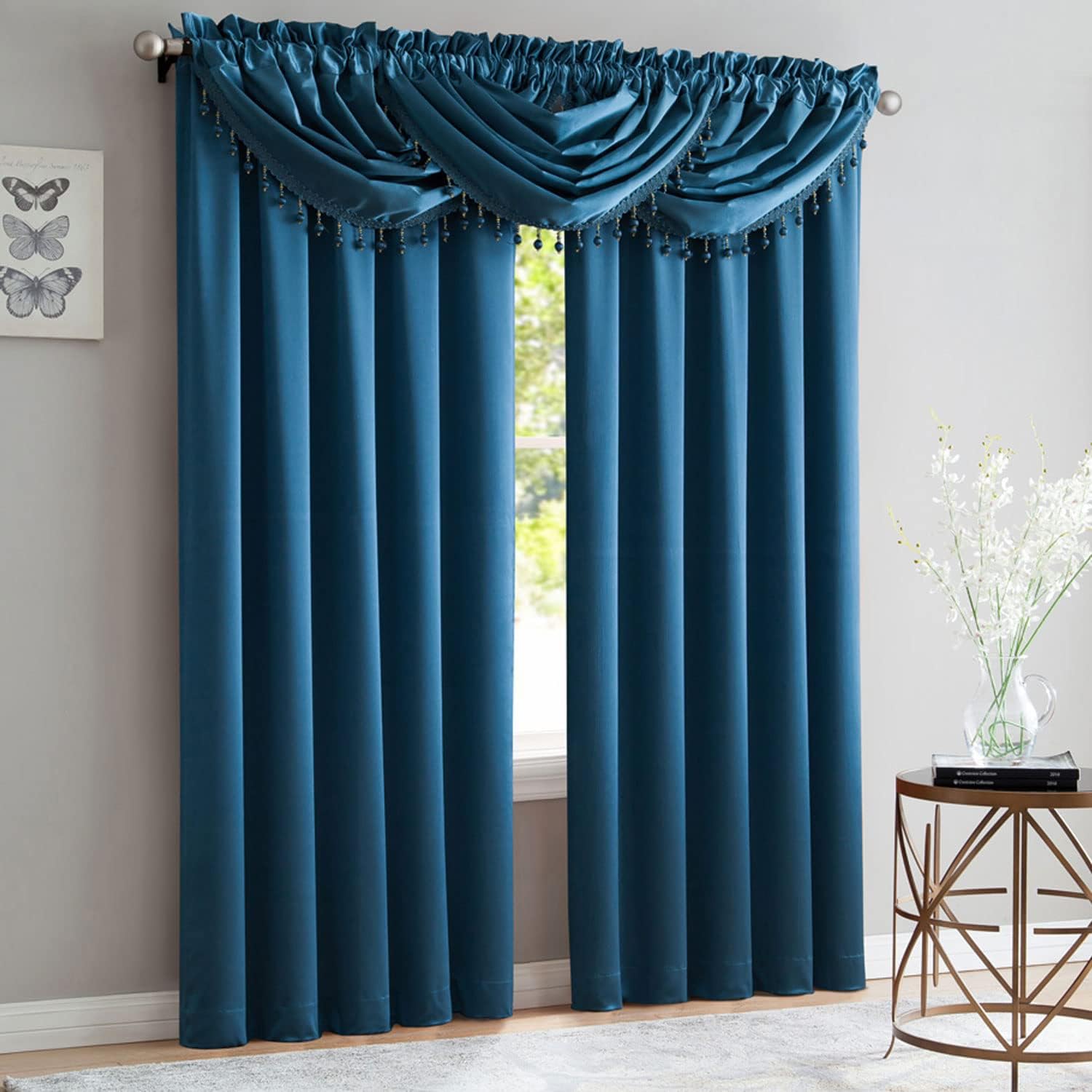 Crushed Satin Rod Pocket Panel and Waterfall Valance with Decorative Fringe Window Treatments, Curtain Set for Your Home, All Sold Separately (Smoke, Panel - 52X84 Inches)