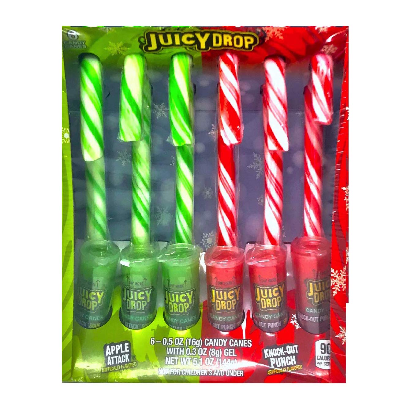 Bazooka (1) Box Juicy Drop Candy Canes with Gel Candy - Apple Attack & Knock-Out Punch Flavored - 6 Individually Wrapped - Net Wt. 5.1 oz