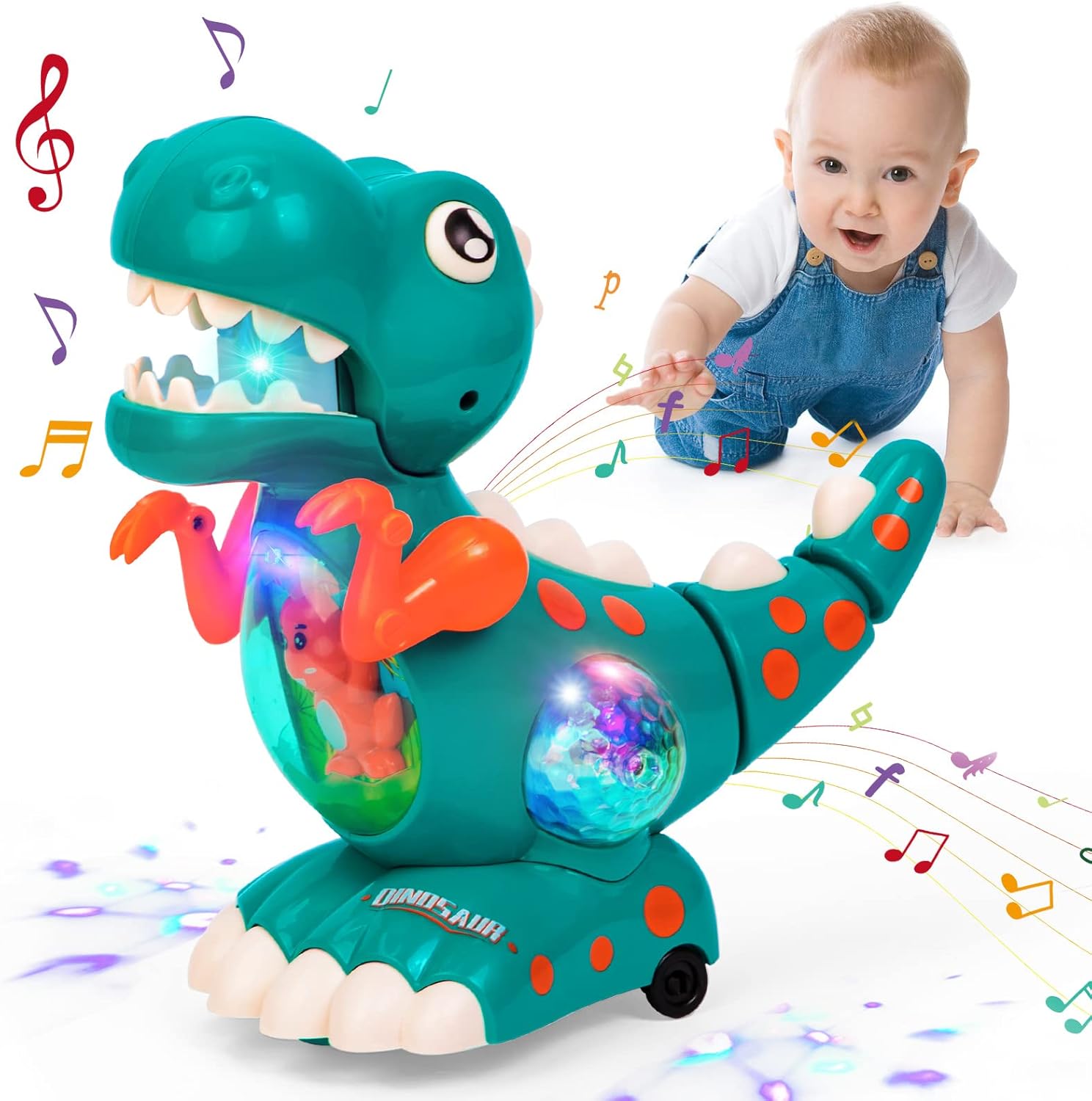 Highttoy Baby Musical Light Crawling Dinosaur Toys Interactive Walking Dino Baby Sensory Toys Birthday Gifts for Boys Girls Toddlers