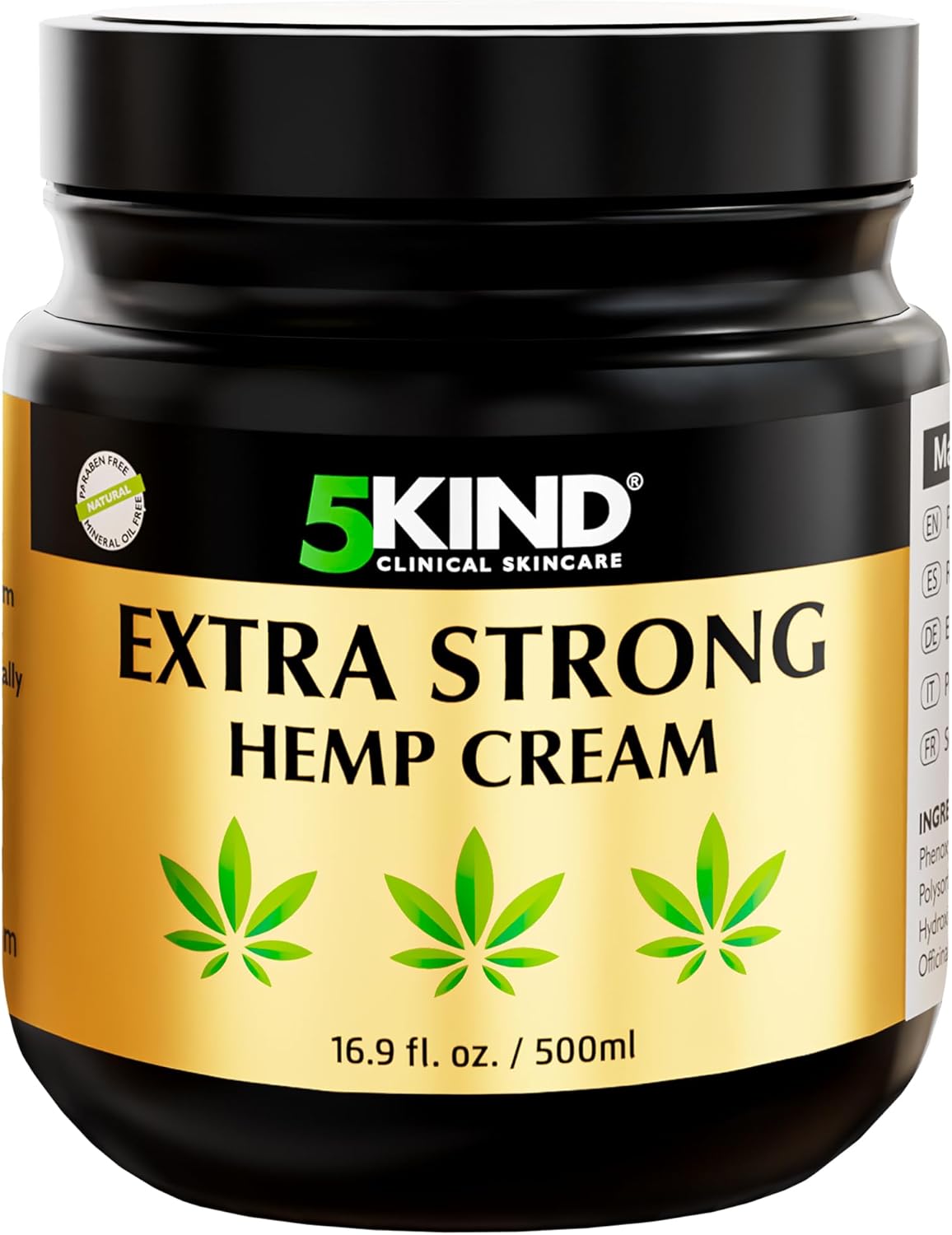 5kind Extra Strong Hemp Cream 500ml - High Strength Hemp Oil and Arnica Cream - for Massaging Joints & Muscles, Lower Back, Feet, Knees, Neck & Shoulders - Rich in Natural Extracts