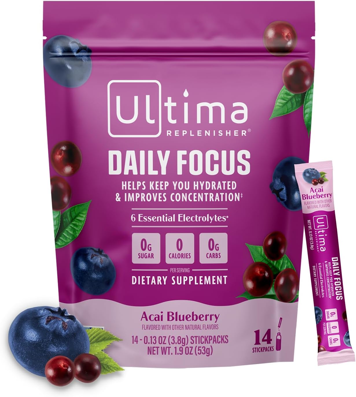 Ultima Replenisher Daily Focus Supplement, Acai Blueberry, 14 Stickpacks