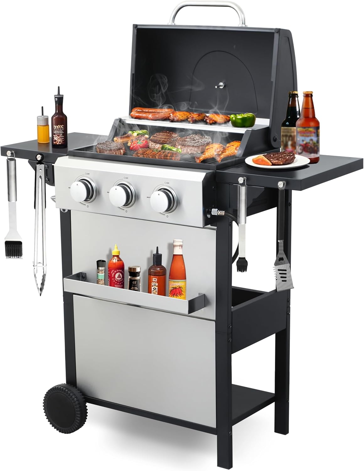 3-Burner Propane Gas Grill with 2 Foldable Side Tables, 25,650 BTU Outdoor BBQ Grill with Porcelain-Enameled Flame Tamers, Built-in Thermometer, Easy Assembly for Patio, Backyard BBQ