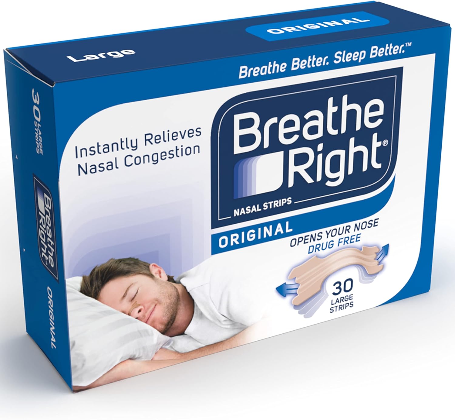 Breathe Right Nasal Strips Original Large 30s, Instantly Relieves Nasal Congestion, Helps Reduce Snoring, Drug-free, Snoring Aid for Men and Women, 30 Count (Pack of 1)